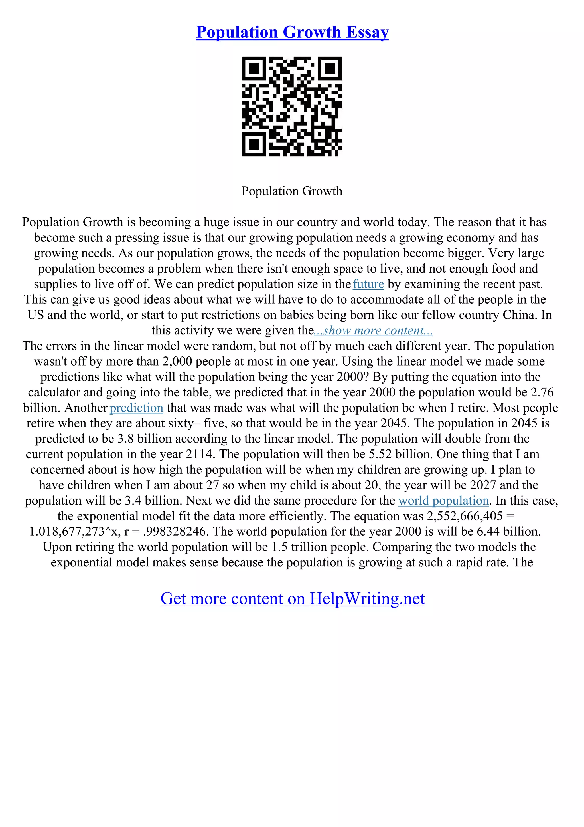 Essay Of Population Growth | PDF | Agriculture | Industries