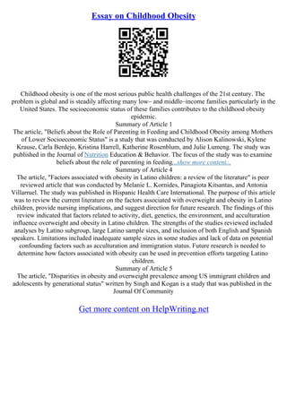 Essay On Childhood Obesity | PDF
