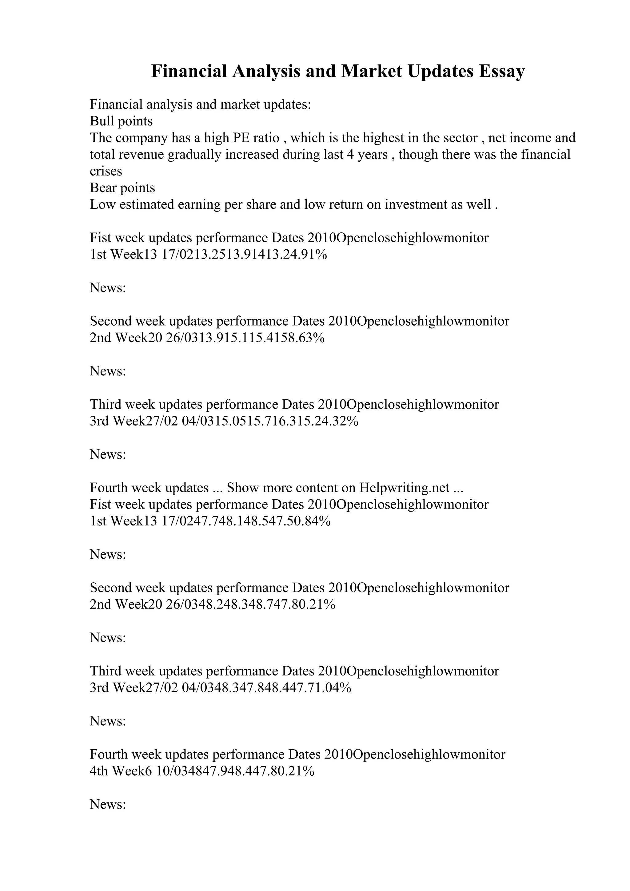 Financial Analysis and Market Updates Essay
Financial analysis and market updates:
Bull points
The company has a high PE ratio , which is the highest in the sector , net income and
total revenue gradually increased during last 4 years , though there was the financial
crises
Bear points
Low estimated earning per share and low return on investment as well .
Fist week updates performance Dates 2010Openclosehighlowmonitor
1st Week13 17/0213.2513.91413.24.91%
News:
Second week updates performance Dates 2010Openclosehighlowmonitor
2nd Week20 26/0313.915.115.4158.63%
News:
Third week updates performance Dates 2010Openclosehighlowmonitor
3rd Week27/02 04/0315.0515.716.315.24.32%
News:
Fourth week updates ... Show more content on Helpwriting.net ...
Fist week updates performance Dates 2010Openclosehighlowmonitor
1st Week13 17/0247.748.148.547.50.84%
News:
Second week updates performance Dates 2010Openclosehighlowmonitor
2nd Week20 26/0348.248.348.747.80.21%
News:
Third week updates performance Dates 2010Openclosehighlowmonitor
3rd Week27/02 04/0348.347.848.447.71.04%
News:
Fourth week updates performance Dates 2010Openclosehighlowmonitor
4th Week6 10/034847.948.447.80.21%
News:
 