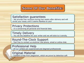 Satisfaction guarantees
- We provide free revisions during two weeks after delivery and will
revise your essay until it seems flawless to you!
Privacy Protections
- It is concerning all personal and financial data.
Timely Delivery
- You set the deadline for your writer and we will stick to it strictly.
Round-The-Clock Support
- Feel free to contact us anytime! Use phone, email or online chat.
Professional Help
- All our writers are experienced and degreed professionals
Original Material
- Content is free from plagiarism, which we prove by detection soft
 