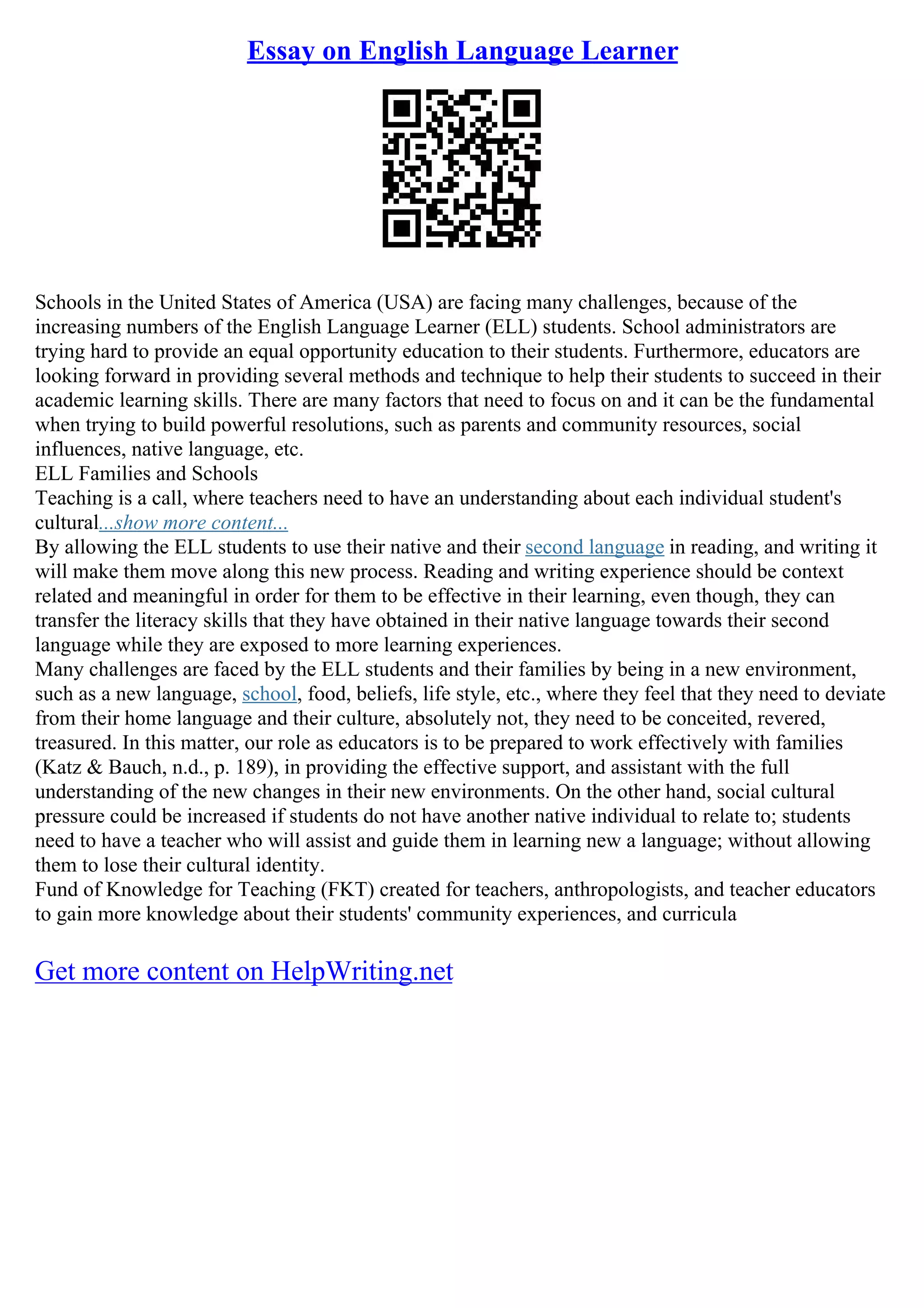 Essay On English Language Learner PDF Education Essay on english language learner pdf education