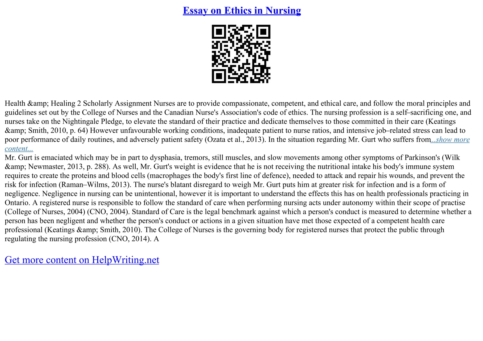 Essay On Ethics In Nursing | PDF
