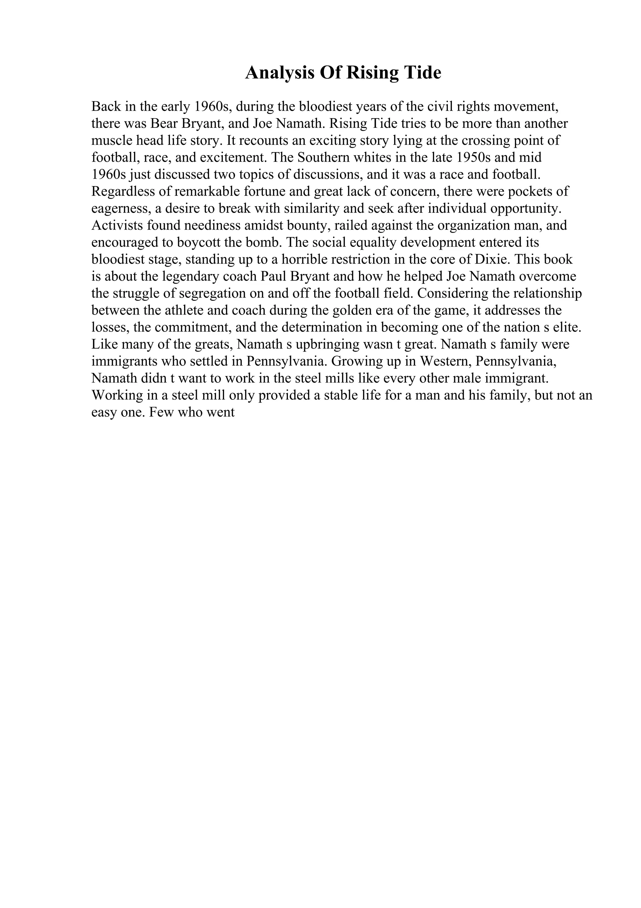 Analysis Of Rising Tide
Back in the early 1960s, during the bloodiest years of the civil rights movement,
there was Bear Bryant, and Joe Namath. Rising Tide tries to be more than another
muscle head life story. It recounts an exciting story lying at the crossing point of
football, race, and excitement. The Southern whites in the late 1950s and mid
1960s just discussed two topics of discussions, and it was a race and football.
Regardless of remarkable fortune and great lack of concern, there were pockets of
eagerness, a desire to break with similarity and seek after individual opportunity.
Activists found neediness amidst bounty, railed against the organization man, and
encouraged to boycott the bomb. The social equality development entered its
bloodiest stage, standing up to a horrible restriction in the core of Dixie. This book
is about the legendary coach Paul Bryant and how he helped Joe Namath overcome
the struggle of segregation on and off the football field. Considering the relationship
between the athlete and coach during the golden era of the game, it addresses the
losses, the commitment, and the determination in becoming one of the nation s elite.
Like many of the greats, Namath s upbringing wasn t great. Namath s family were
immigrants who settled in Pennsylvania. Growing up in Western, Pennsylvania,
Namath didn t want to work in the steel mills like every other male immigrant.
Working in a steel mill only provided a stable life for a man and his family, but not an
easy one. Few who went
 