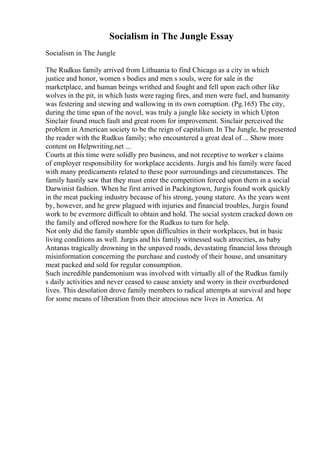Socialism in The Jungle Essay
Socialism in The Jungle
The Rudkus family arrived from Lithuania to find Chicago as a city in which
justice and honor, women s bodies and men s souls, were for sale in the
marketplace, and human beings writhed and fought and fell upon each other like
wolves in the pit, in which lusts were raging fires, and men were fuel, and humanity
was festering and stewing and wallowing in its own corruption. (Pg.165) The city,
during the time span of the novel, was truly a jungle like society in which Upton
Sinclair found much fault and great room for improvement. Sinclair perceived the
problem in American society to be the reign of capitalism. In The Jungle, he presented
the reader with the Rudkus family; who encountered a great deal of ... Show more
content on Helpwriting.net ...
Courts at this time were solidly pro business, and not receptive to worker s claims
of employer responsibility for workplace accidents. Jurgis and his family were faced
with many predicaments related to these poor surroundings and circumstances. The
family hastily saw that they must enter the competition forced upon them in a social
Darwinist fashion. When he first arrived in Packingtown, Jurgis found work quickly
in the meat packing industry because of his strong, young stature. As the years went
by, however, and he grew plagued with injuries and financial troubles, Jurgis found
work to be evermore difficult to obtain and hold. The social system cracked down on
the family and offered nowhere for the Rudkus to turn for help.
Not only did the family stumble upon difficulties in their workplaces, but in basic
living conditions as well. Jurgis and his family witnessed such atrocities, as baby
Antanas tragically drowning in the unpaved roads, devastating financial loss through
misinformation concerning the purchase and custody of their house, and unsanitary
meat packed and sold for regular consumption.
Such incredible pandemonium was involved with virtually all of the Rudkus family
s daily activities and never ceased to cause anxiety and worry in their overburdened
lives. This desolation drove family members to radical attempts at survival and hope
for some means of liberation from their atrocious new lives in America. At
 