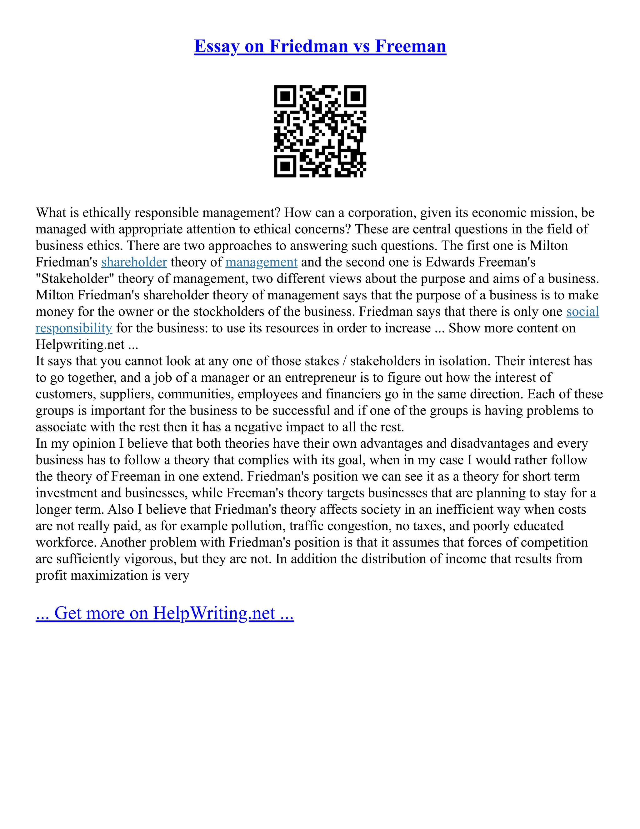 Essay On Friedman Vs Freeman PDF