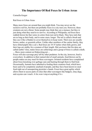 The Importance Of Red Foxes In Urban Areas
Carmella Gregor
Red foxes in Urban Areas
Many more foxes are around than you might think. You may never see the
reclusive red fox, but there are probably foxes in a city near you. However, these
creatures are not a threat. Some people may think they are a menace, but they re
just doing what they need to to survive. According to Wikipedia, red foxes have
reddish brown fur that varies in colors from rust red to black. They have tails that
are as long as their body, and in some cases, longer. The tail is called a brush and
they use it like a blanket to cover themselves to keep warm. Their eyes are usually
brown, amber, or greenish yellow. Unlike other members of the canine family, they
have slitted pupils like a cat s. Red foxes are 18 35 inches when fully grown, and
their legs are stubby for a creature of their length. Did you know that fox dens are
called earths? Also, males foxes are called dogs and a group of foxes is called a skulk.
... Show more content on Helpwriting.net ...
Foxes will also scavenge prey left by other predators. In the city, however, food is
everywhere. In addition to their natural diet of small animals, food thrown out by
people makes an easy meal for these scavengers. Irritated residents have complained
about foxes knocking over garbage cans and hunting through them to find food.
Occasionally, humans have admitted to feeding these creatures food, which have
been said to be completely unafraid of people, and they have been known to steal
food right out of unsuspecting picnicker s hands. Foxes have great agility which
allows them to access parts of cities that other scavengers like badgers, stray dogs,
and coyotes can t reach. A fox won t stop at anything if it s
 