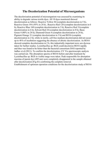 The Decolorization Potential of Microorganisms
The decolorization potential of microorganism was assessed by examining its
ability to degrade various textile dyes. All 10 dyes monitored showed
decolorization as follows: Reactive Yellow 84 (complete decolorization in 5 h),
Reactive Green 19A (95% in 24 h) , Reactive Red 120 (complete decolorization in 6
h), Reactive Blue 160 (complete decolorization in 3 h), Reactive Red 31(complete
decolorization in 6 h), Solvent Red 24 (complete decolorization in 8 h), Basic
Green 4 (80% in 24 h), Diamond Green 4 (complete decolorization in 24 h),
Pigment Orange 31 (complete decolorization in 3 h) and RO16 (complete
decolorization in 2 h), while in sterile, cell free medium decolorization did not occur
up to 48 h of incubation suggesting the absence of abiotic decolorization. As RO16
showed complete decolorization in 2 h, this industrially important toxic azo dyewas
taken for further studies. Lysinibacillus sp. RGS could decolorize RO16 rapidly
and thus was found to be better than the bacterial consortium DAS reported by
Jadhav et al (2011). To confirm the decolorization, UV Vis spectroscopic analysis
was carried out. The absorption spectra of RO16 before and after treatment by
Lysinibacillus sp. RGS in visible range were taken. Peak responsible for absorption
maxima of parent dye (495 nm) were completely disappeared in the sample obtained
after decolorization (Fig.S1) confirming the complete removal.
Establishment of optimum operation conditions for the decolorization study of RO16
 