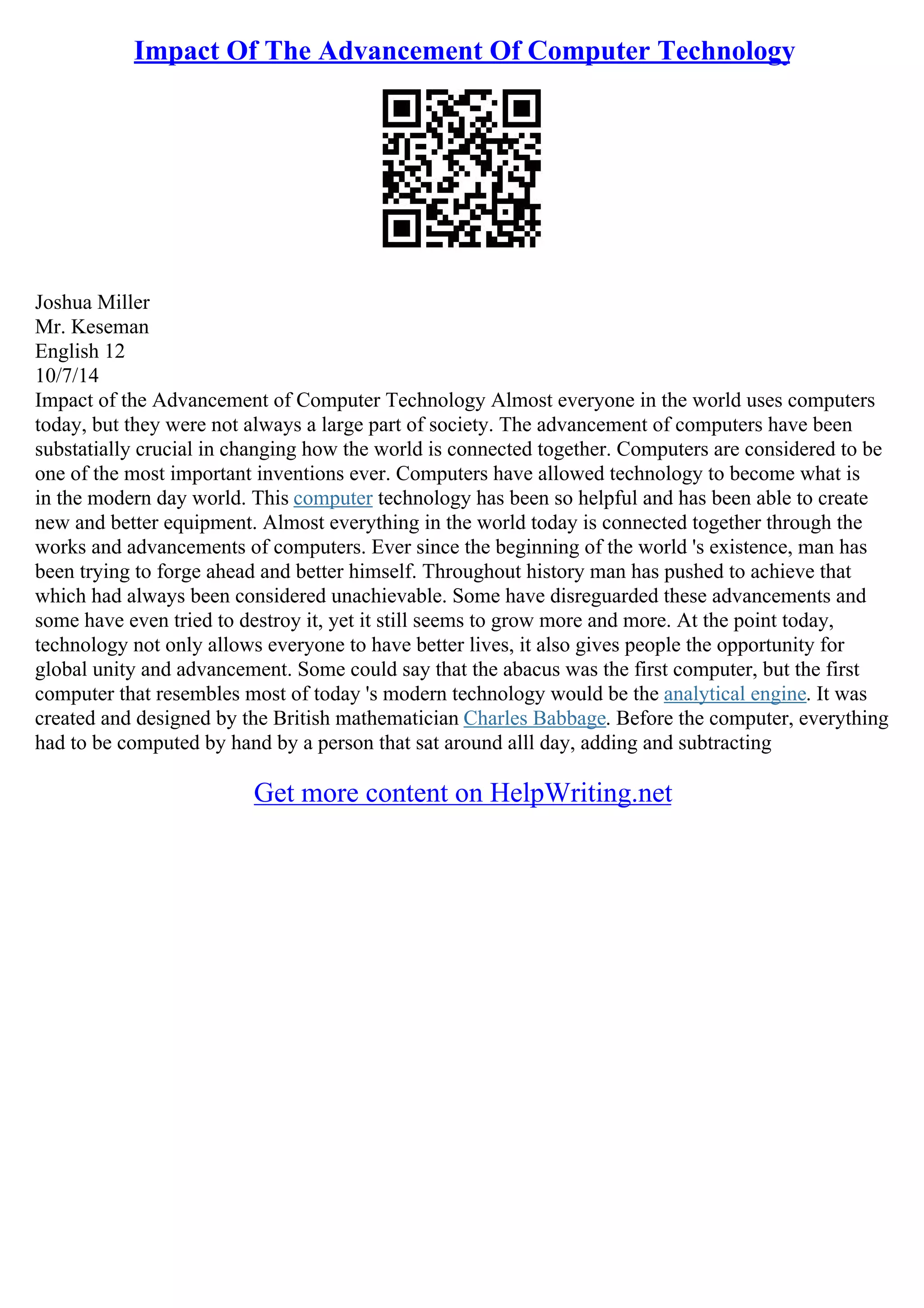 Essay On Invention Of Computer | PDF | Internet for Beginners | Internet