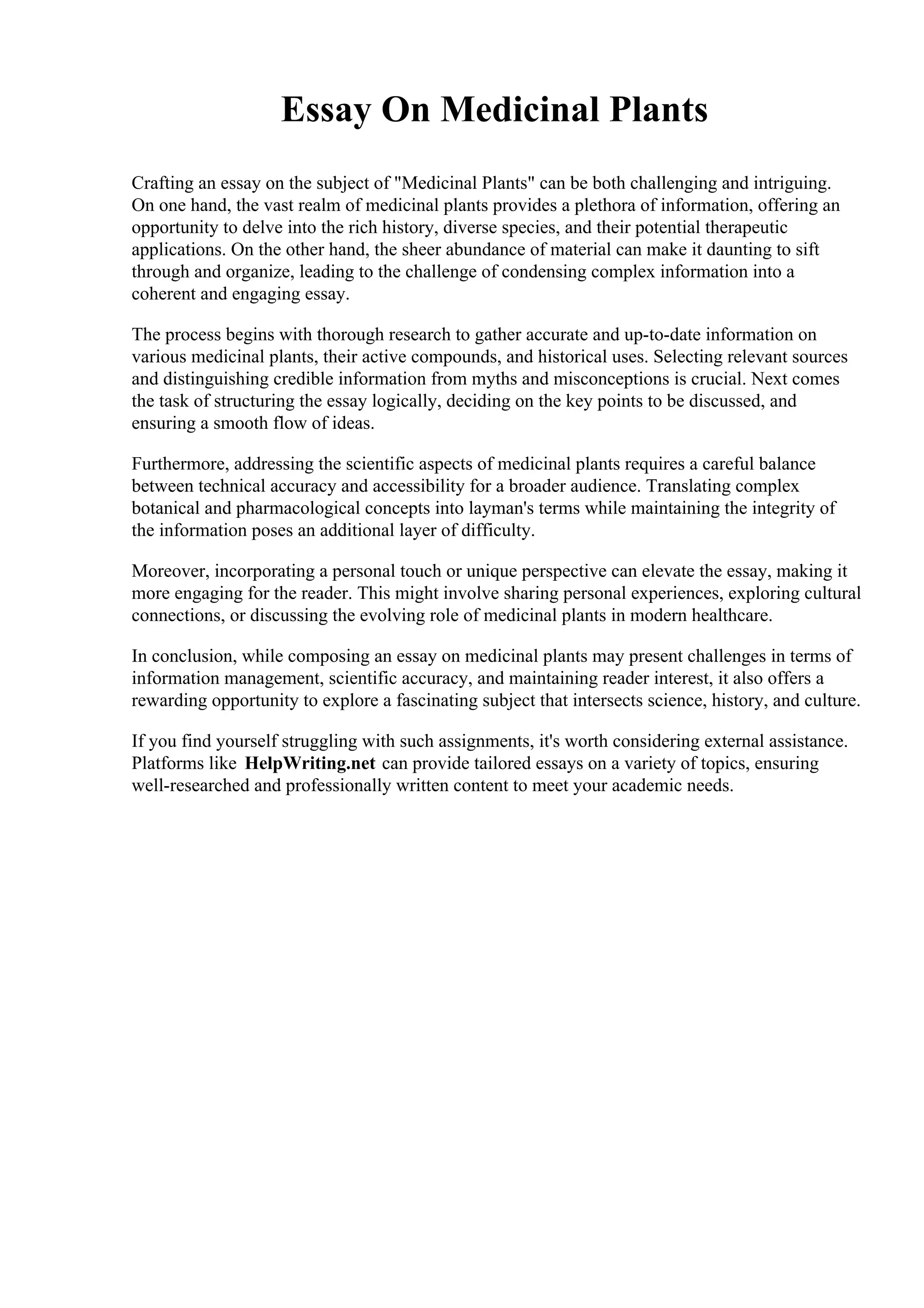 Essay On Medicinal Plants. Aspen University PDF