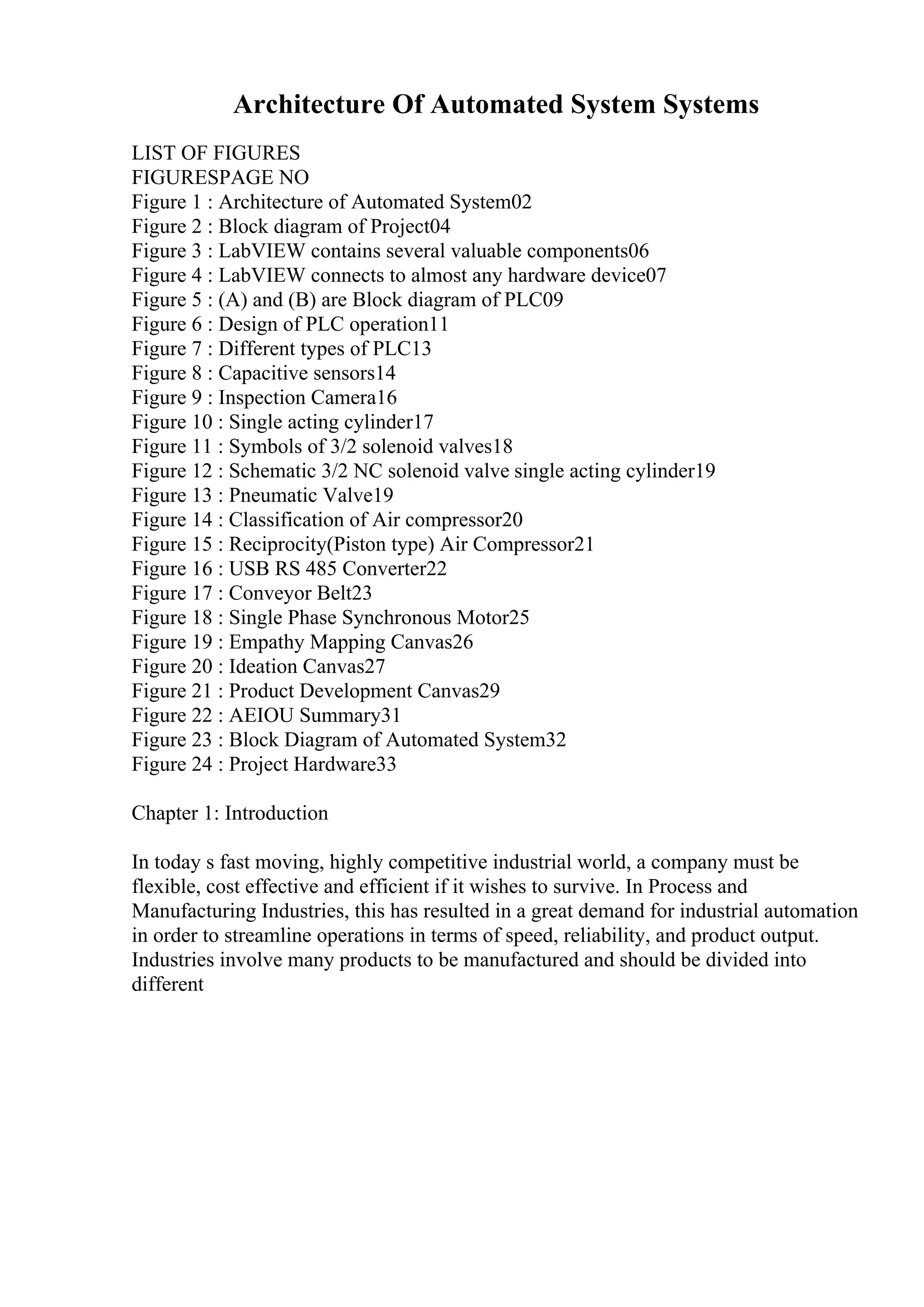 Architecture Of Automated System Systems
LIST OF FIGURES
FIGURESPAGE NO
Figure 1 : Architecture of Automated System02
Figure 2 : Block diagram of Project04
Figure 3 : LabVIEW contains several valuable components06
Figure 4 : LabVIEW connects to almost any hardware device07
Figure 5 : (A) and (B) are Block diagram of PLC09
Figure 6 : Design of PLC operation11
Figure 7 : Different types of PLC13
Figure 8 : Capacitive sensors14
Figure 9 : Inspection Camera16
Figure 10 : Single acting cylinder17
Figure 11 : Symbols of 3/2 solenoid valves18
Figure 12 : Schematic 3/2 NC solenoid valve single acting cylinder19
Figure 13 : Pneumatic Valve19
Figure 14 : Classification of Air compressor20
Figure 15 : Reciprocity(Piston type) Air Compressor21
Figure 16 : USB RS 485 Converter22
Figure 17 : Conveyor Belt23
Figure 18 : Single Phase Synchronous Motor25
Figure 19 : Empathy Mapping Canvas26
Figure 20 : Ideation Canvas27
Figure 21 : Product Development Canvas29
Figure 22 : AEIOU Summary31
Figure 23 : Block Diagram of Automated System32
Figure 24 : Project Hardware33
Chapter 1: Introduction
In today s fast moving, highly competitive industrial world, a company must be
flexible, cost effective and efficient if it wishes to survive. In Process and
Manufacturing Industries, this has resulted in a great demand for industrial automation
in order to streamline operations in terms of speed, reliability, and product output.
Industries involve many products to be manufactured and should be divided into
different
 