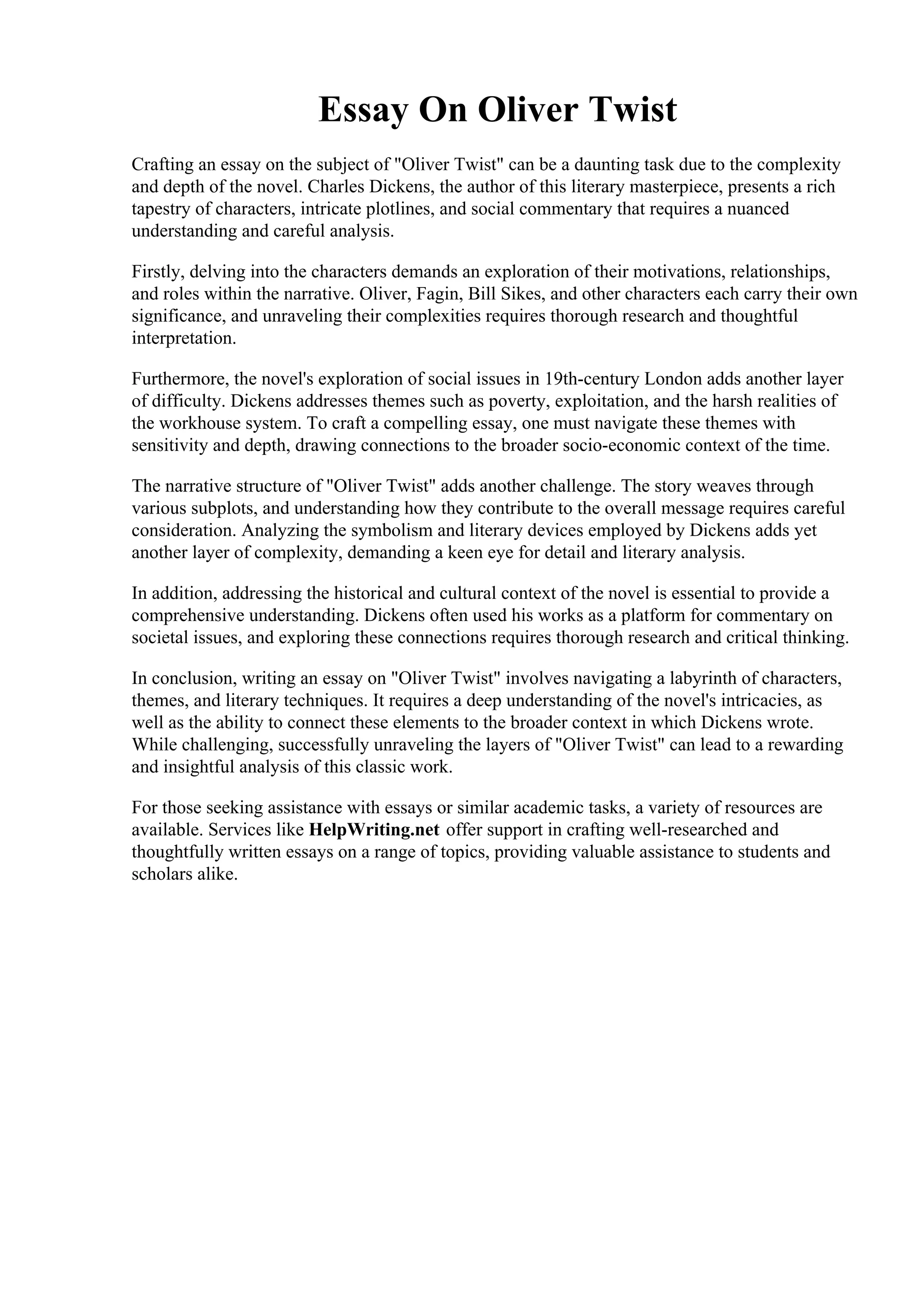 Essay On Oliver Twist | PDF