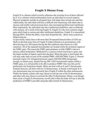 Fragile X Disease Essay
Fragile X is a disease which severely influences the everyday lives of those affected
by it. It is a disease which unfortunately limits an individual in several respects.
Physical symptoms include an elongated face with larger than normal ears and feet.
Additionally, the individual will have a difficult time interacting with others due to
shyness and trouble with processing faces, thus encountering behavioral road blocks.
Most importantly, the individual may have intellectual disabilities such as difficulty
with memory, all a result of having Fragile X. Fragile X is the most common single
gene which leads to autism and other intellectual disabilities. Fragile X is transmitted
through DNA. Within the DNA, it has been found that the... Show more content on
Helpwriting.net ...
As previously stated, those with more than 30 repeated trinucleotides of CGG are
likely to develop some form of Fragile X (often referred to as premutation), with
those having over 200 repeats having the full syndrome (also known as a full
mutation). All of the repeated trinucleotides are located within the promotor region of
the FMR1 gene. The reason the FMR1 gene produces so little FMRP is due to a
process called methylation. Methylation is a process which inactivates a gene, and
the larger number of repeats inactivates the gene. When the gene is inactivated, the
cell may make little or none of the needed FMRP. (NICHD 2009). Figure 2: Normal
promoter region VS. Elongated promoter region (NICHD 2009) Intriguingly
enough, in certain cases, despite having 200+ CGG trinucleotide repeats within a
FMR1 gene, it is still possible to be able to produce FMRP. One way this can be
performed is by being born female. Males are born with an X and Y chromosome.
Females however, are born with two X chromosomes. A female with Fragile X in
one chromosome may not necessarily have Fragile X within the other chromosome.
Within the female, certain cells may choose to activate one of the X chromosomes,
and other cells may choose to activate the other X chromosome. Hence, even though
there exists a Fragile X chromosome, not all cells within the body will use it, thus the
production of FMRP is possible using the other normal X chromosome.
 