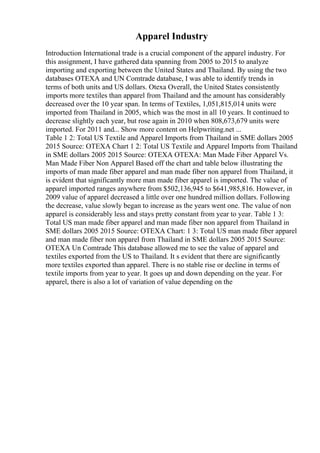 Apparel Industry
Introduction International trade is a crucial component of the apparel industry. For
this assignment, I have gathered data spanning from 2005 to 2015 to analyze
importing and exporting between the United States and Thailand. By using the two
databases OTEXA and UN Comtrade database, I was able to identify trends in
terms of both units and US dollars. Otexa Overall, the United States consistently
imports more textiles than apparel from Thailand and the amount has considerably
decreased over the 10 year span. In terms of Textiles, 1,051,815,014 units were
imported from Thailand in 2005, which was the most in all 10 years. It continued to
decrease slightly each year, but rose again in 2010 when 808,673,679 units were
imported. For 2011 and... Show more content on Helpwriting.net ...
Table 1 2: Total US Textile and Apparel Imports from Thailand in SME dollars 2005
2015 Source: OTEXA Chart 1 2: Total US Textile and Apparel Imports from Thailand
in SME dollars 2005 2015 Source: OTEXA OTEXA: Man Made Fiber Apparel Vs.
Man Made Fiber Non Apparel Based off the chart and table below illustrating the
imports of man made fiber apparel and man made fiber non apparel from Thailand, it
is evident that significantly more man made fiber apparel is imported. The value of
apparel imported ranges anywhere from $502,136,945 to $641,985,816. However, in
2009 value of apparel decreased a little over one hundred million dollars. Following
the decrease, value slowly began to increase as the years went one. The value of non
apparel is considerably less and stays pretty constant from year to year. Table 1 3:
Total US man made fiber apparel and man made fiber non apparel from Thailand in
SME dollars 2005 2015 Source: OTEXA Chart: 1 3: Total US man made fiber apparel
and man made fiber non apparel from Thailand in SME dollars 2005 2015 Source:
OTEXA Un Comtrade This database allowed me to see the value of apparel and
textiles exported from the US to Thailand. It s evident that there are significantly
more textiles exported than apparel. There is no stable rise or decline in terms of
textile imports from year to year. It goes up and down depending on the year. For
apparel, there is also a lot of variation of value depending on the
 