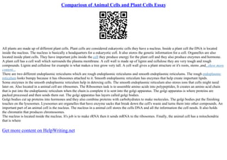 Compariosn of Animal Cells and Plant Cells Essay
All plants are made up of different plant cells. Plant cells are considered eukaryotic cells they have a nucleus. Inside a plant cell the DNA is located
inside the nucleus. The nucleus is basically a headquarters for a eukaryotic cell. It also stores the genetic information for a cell. Organelles are also
located inside plant cells. They have important jobs inside the cell they produce energy for the plant cell and they also produce enzymes and hormone.
A plant cell has a cell wall which surrounds the plasma membrane. A cell wall is made up of lignin and cellulose they are very tough and rough
compounds. Lignin and cellulose for example is what makes a tree grow very tall. A cell wall gives a plant structure or it's roots, stems ,and...show more
content...
There are two different endoplasmic reticulums which are rough endoplasmic reticulums and smooth endoplasmic reticulums. The rough endoplasmic
reticulum looks bumpy because it has ribosomes attached to it. Smooth endoplasmic reticulum has enzymes that help create important lipids.
Some enzymes in the smooth endoplasmic reticulum help in detoxing cells. The smooth endoplasmic reticulum also stores ions that cells might need
later on. Also located in a animal cell are ribosomes. The Ribosomes task is to assemble amino acids into polypeptides, It creates an amino acid chain
that is put into the endoplasmic reticulum when the chain is complete it is sent into the golgi apparatus. The golgi apparatus is where proteins are
packed processed and then sends them out. The golgi apparatus has layers called golgi bodies.
Golgi bodies cut up proteins into hormones and they also combine proteins with carbohydrates to make molecules. The golgi bodies put the finishing
touches on the lysosomes. Lysosomes are organelles that have enzyme sacks that break down the cell's waste and turns them into other compounds. An
important part of an animal cell is the nucleus. The nucleus in a animal cell stores the cells DNA and all the information the cell needs. It also holds
the chromatin that produces chromosomes.
The nucleus is located inside the nucleus. It's job is to make rRNA then it sends mRNA to the ribosomes. Finally, the animal cell has a mitochondria
that is where
Get more content on HelpWriting.net
 