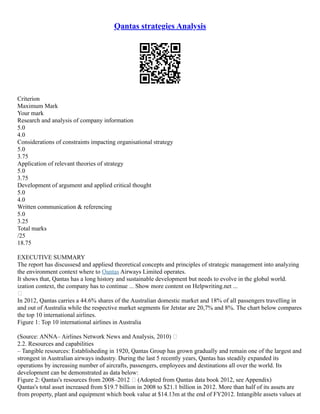 Qantas strategies Analysis
Criterion
Maximum Mark
Your mark
Research and analysis of company information
5.0
4.0
Considerations of constraints impacting organisational strategy
5.0
3.75
Application of relevant theories of strategy
5.0
3.75
Development of argument and applied critical thought
5.0
4.0
Written communication & referencing
5.0
3.25
Total marks
/25
18.75
EXECUTIVE SUMMARY
The report has discussesd and appliesd theoretical concepts and principles of strategic management into analyzing
the environment context where to Qantas Airways Limited operates.
It shows that, Qantas has a long history and sustainable development but needs to evolve in the global world.
ization context, the company has to continue ... Show more content on Helpwriting.net ...

In 2012, Qantas carries a 44.6% shares of the Australian domestic market and 18% of all passengers travelling in
and out of Australia while the respective market segments for Jetstar are 20,7% and 8%. The chart below compares
the top 10 international airlines.
Figure 1: Top 10 international airlines in Australia
(Source: ANNA– Airlines Network News and Analysis, 2010) 
2.2. Resources and capabilities
– Tangible resources: Establisheding in 1920, Qantas Group has grown gradually and remain one of the largest and
strongest in Australian airways industry. During the last 5 recently years, Qantas has steadily expanded its
operations by increasing number of aircrafts, passengers, employees and destinations all over the world. Its
development can be demonstrated as data below:
Figure 2: Qantas's resources from 2008–2012  (Adopted from Qantas data book 2012, see Appendix)
Qantas's total asset increased from $19.7 billion in 2008 to $21.1 billion in 2012. More than half of its assets are
from property, plant and equipment which book value at $14.13m at the end of FY2012. Intangible assets values at
 