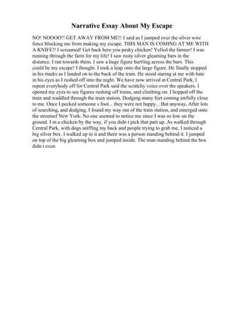 Narrative Essay About My Escape
NO! NOOOO!! GET AWAY FROM ME!! I said as I jumped over the silver wire
fence blocking me from making my escape. THIS MAN IS COMING AT ME WITH
A KNIFE!! I screamed! Get back here you pesky chicken! Yelled the farmer! I was
running through the farm for my life! I saw rusty silver gleaming bars in the
distance. I ran towards them. I saw a huge figure hurtling across the bars. This
could be my escape! I thought. I took a leap onto the large figure. He finally stopped
in his tracks as I landed on to the back of the train. He stood staring at me with hate
in his eyes as I rushed off into the night. We have now arrived at Central Park, I
repeat everybody off for Central Park said the scratchy voice over the speakers. I
opened my eyes to see figures rushing off trains, and climbing on. I hopped off the
train and waddled through the train station, Dodging many feet coming awfully close
to me. Once I pecked someone s foot... they were not happy... But anyway, After lots
of searching, and dodging, I found my way out of the train station, and emerged onto
the streetsof New York. No one seemed to notice me since I was so low on the
ground. I m a chicken by the way, if you didn t pick that part up. As walked through
Central Park, with dogs sniffing my back and people trying to grab me, I noticed a
big silver box. I walked up to it and there was a person standing behind it. I jumped
on top of the big gleaming box and jumped inside. The man standing behind the box
didn t even
 