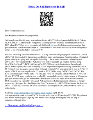 Essay On Soil Detection In Soil
PMTV detection in soil
Soil Samples collection and preparation
Soil samples used in this study were collected from a PMTV infested potato field in North Dakota
in 2016 and 2017. Additionally, comparable soil samples were collected from the nearby field in
2017 where PMTV has never been detected. Collected soil was dried at ambient temperature then
pulverized and stored at cold room (4 ℃). Subsamples of soils were sterilized by autoclaving twice
at 121 C for 60 minutes before storing at 4 ℃.
Soil was artificially contaminated with PMTV using Sporosori of Spongospora Subterranea (Vector
of PMTV). Sporosori of S. Subterranea used in this study was harvested from the surface of infected
potato tuber by scraping with a scalpel followed by ... Show more content on Helpwriting.net ...
2004). One– tube single step RT–PCR assay was carried out in 50 µL reaction mixture using
QIAGEN OneStep RT– PCR kit (Qiagen,Ca). RT–PCR was carried out using a thermal cycler
(T100 thermal cycler, Bio–Rad) to amplify cDNA fragments using the following conditions: RT at
50 °C for 30 min for reverse transcription followed by initial PCR activation for 15 min at 95 °C; 40
cycles of PCR, with each cycle at 94 °C for 60 s, 52 °C (while using PMTV2F and PMTV3 R)or
57°C ( while using C819 and H360 ) for 60 s, and 72 °C for 60 s; and a final extension at 70°C for
10 min. RT–PCR assay products were resolved by standard electrophoresis technique in 1% agarose
gels pre– stained with gel red and the DNA bands were visualized under a UV–transilluminator.
PCR products were cleaned by QIAquick PCR purification Kit (Qiagen) and subjected to Sanger
sequencing (Retrogen, Inc. San Diego, and CA). The sensitivity of RT–PCR technique for detection
of PMTV from soil extracted RNA was determined by using total RNA extracted from series of
spiked soils.
Real time reverse transcription polymerase chain reaction (qRT–PCR)
Attempt was also made to detect PMTV from the soil extracted RNA using qRT–PCR. The primers
and probes were designed targeting coat protein read through protein gene with the help of
sequences obtained from
... Get more on HelpWriting.net ...
 