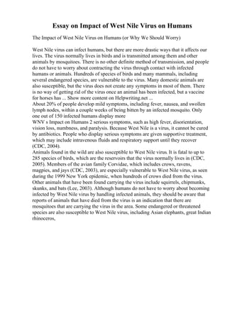 Essay on Impact of West Nile Virus on Humans
The Impact of West Nile Virus on Humans (or Why We Should Worry)
West Nile virus can infect humans, but there are more drastic ways that it affects our
lives. The virus normally lives in birds and is transmitted among them and other
animals by mosquitoes. There is no other definite method of transmission, and people
do not have to worry about contracting the virus through contact with infected
humans or animals. Hundreds of species of birds and many mammals, including
several endangered species, are vulnerable to the virus. Many domestic animals are
also susceptible, but the virus does not create any symptoms in most of them. There
is no way of getting rid of the virus once an animal has been infected, but a vaccine
for horses has ... Show more content on Helpwriting.net ...
About 20% of people develop mild symptoms, including fever, nausea, and swollen
lymph nodes, within a couple weeks of being bitten by an infected mosquito. Only
one out of 150 infected humans display more
WNV s Impact on Humans 2 serious symptoms, such as high fever, disorientation,
vision loss, numbness, and paralysis. Because West Nile is a virus, it cannot be cured
by antibiotics. People who display serious symptoms are given supportive treatment,
which may include intravenous fluids and respiratory support until they recover
(CDC, 2004).
Animals found in the wild are also susceptible to West Nile virus. It is fatal to up to
285 species of birds, which are the reservoirs that the virus normally lives in (CDC,
2005). Members of the avian family Corvidae, which includes crows, ravens,
magpies, and jays (CDC, 2003), are especially vulnerable to West Nile virus, as seen
during the 1999 New York epidemic, when hundreds of crows died from the virus.
Other animals that have been found carrying the virus include squirrels, chipmunks,
skunks, and bats (Lee, 2003). Although humans do not have to worry about becoming
infected by West Nile virus by handling infected animals, they should be aware that
reports of animals that have died from the virus is an indication that there are
mosquitoes that are carrying the virus in the area. Some endangered or threatened
species are also susceptible to West Nile virus, including Asian elephants, great Indian
rhinoceros,
 