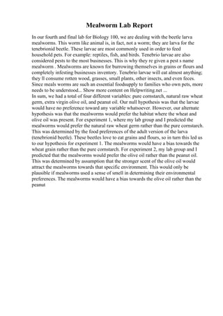 Mealworm Lab Report
In our fourth and final lab for Biology 100, we are dealing with the beetle larva
mealworms. This worm like animal is, in fact, not a worm; they are larva for the
tenebrionid beetle. These larvae are most commonly used in order to feed
household pets. For example: reptiles, fish, and birds. Tenebrio larvae are also
considered pests to the most businesses. This is why they re given a pest s name
mealworm . Mealworms are known for burrowing themselves in grains or flours and
completely infesting businesses inventory. Tenebrio larvae will eat almost anything;
they ll consume rotten wood, grasses, small plants, other insects, and even feces.
Since meals worms are such an essential foodsupply to families who own pets, more
needs to be understood... Show more content on Helpwriting.net ...
In sum, we had a total of four different variables: pure cornstarch, natural raw wheat
germ, extra virgin olive oil, and peanut oil. Our null hypothesis was that the larvae
would have no preference toward any variable whatsoever. However, our alternate
hypothesis was that the mealworms would prefer the habitat where the wheat and
olive oil was present. For experiment 1, where my lab group and I predicted the
mealworms would prefer the natural raw wheat germ rather than the pure cornstarch.
This was determined by the food preferences of the adult version of the larva
(tenebrionid beetle). These beetles love to eat grains and flours, so in turn this led us
to our hypothesis for experiment 1. The mealworms would have a bias towards the
wheat grain rather than the pure cornstarch. For experiment 2, my lab group and I
predicted that the mealworms would prefer the olive oil rather than the peanut oil.
This was determined by assumption that the stronger scent of the olive oil would
attract the mealworms towards that specific environment. This would only be
plausible if mealworms used a sense of smell in determining their environmental
preferences. The mealworms would have a bias towards the olive oil rather than the
peanut
 