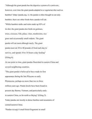 "Although the giant panda has the digestive system of a carnivore,
however, over time the giant panda adapted to a vegetarian diet such as
bamboo" (http://panda.org, 1). the panda is often thought to eat only
bamboo; there are other foods that a panda will eat.
"While bamboo stalks and roots make up 95% of
its diet, the giant panda also feeds on gentians,
irises, crocuses, fish, pikas, vines, mushrooms, rice
grass and occasionally small rodents. The giant
panda will eat meat although rarely. The giant
panda must eat 20 to 40 pounds of food each day to
survive, and spends 10 to 16 hours a day feeding"
(Etling 6).
At one point in time, giant pandas flourished in eastern China and
several neighboring countries.
"The giant panda is believed to have made its first
appearance during the late Pilocene or early
Pleistocene, perhaps no more than two to three
million years ago. Panda fossils have been found in
present day Burma, Vietnam, and particularly early
in eastern China, as far north as Bejing" (Etling 2).
Today pandas are mostly in dense bamboo and mountains of
central/eastern China.
"Pandas occupy 6 small forest fragments in small
 
