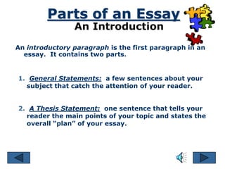 Parts of an Essay
                An Introduction
An introductory paragraph is the first paragraph in an
  essay. It conta...