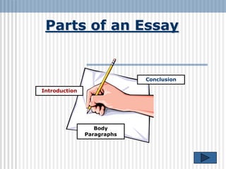 Parts of an Essay


                            Conclusion

Introduction




                  Body
               Paragraphs
 