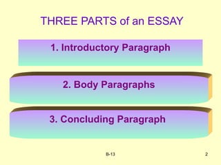 B-13 2
THREE PARTS of an ESSAY
1. Introductory Paragraph
2. Body Paragraphs
3. Concluding Paragraph
 