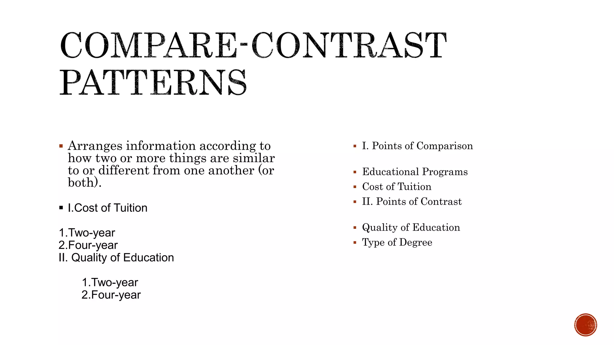  Arranges information according to
how two or more things are similar
to or different from one another (or
both).
 I.Cost of Tuition
1.Two-year
2.Four-year
II. Quality of Education
1.Two-year
2.Four-year
 I. Points of Comparison
 Educational Programs
 Cost of Tuition
 II. Points of Contrast
 Quality of Education
 Type of Degree
 