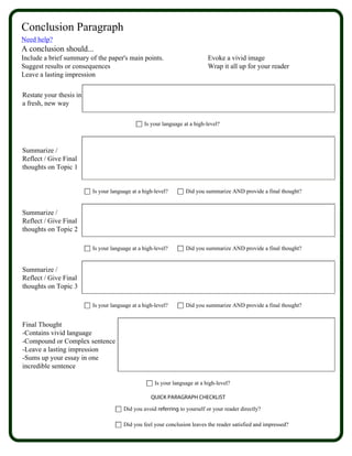 Conclusion Paragraph
Need help?
A conclusion should...
Include a brief summary of the paper's main points.                        Evoke a vivid image
Suggest results or consequences                                            Wrap it all up for your reader
Leave a lasting impression

Restate your thesis in
a fresh, new way

                                               Is your language at a high-level?



Summarize /
Reflect / Give Final
thoughts on Topic 1


                         Is your language at a high-level?       Did you summarize AND provide a final thought?


Summarize /
Reflect / Give Final
thoughts on Topic 2

                         Is your language at a high-level?       Did you summarize AND provide a final thought?


Summarize /
Reflect / Give Final
thoughts on Topic 3

                         Is your language at a high-level?       Did you summarize AND provide a final thought?


Final Thought
-Contains vivid language
-Compound or Complex sentence
-Leave a lasting impression
-Sums up your essay in one
incredible sentence

                                                    Is your language at a high-level?

                                                  QUICK PARAGRAPH CHECKLIST

                                      Did you avoid referring to yourself or your reader directly?

                                      Did you feel your conclusion leaves the reader satisfied and impressed?
 