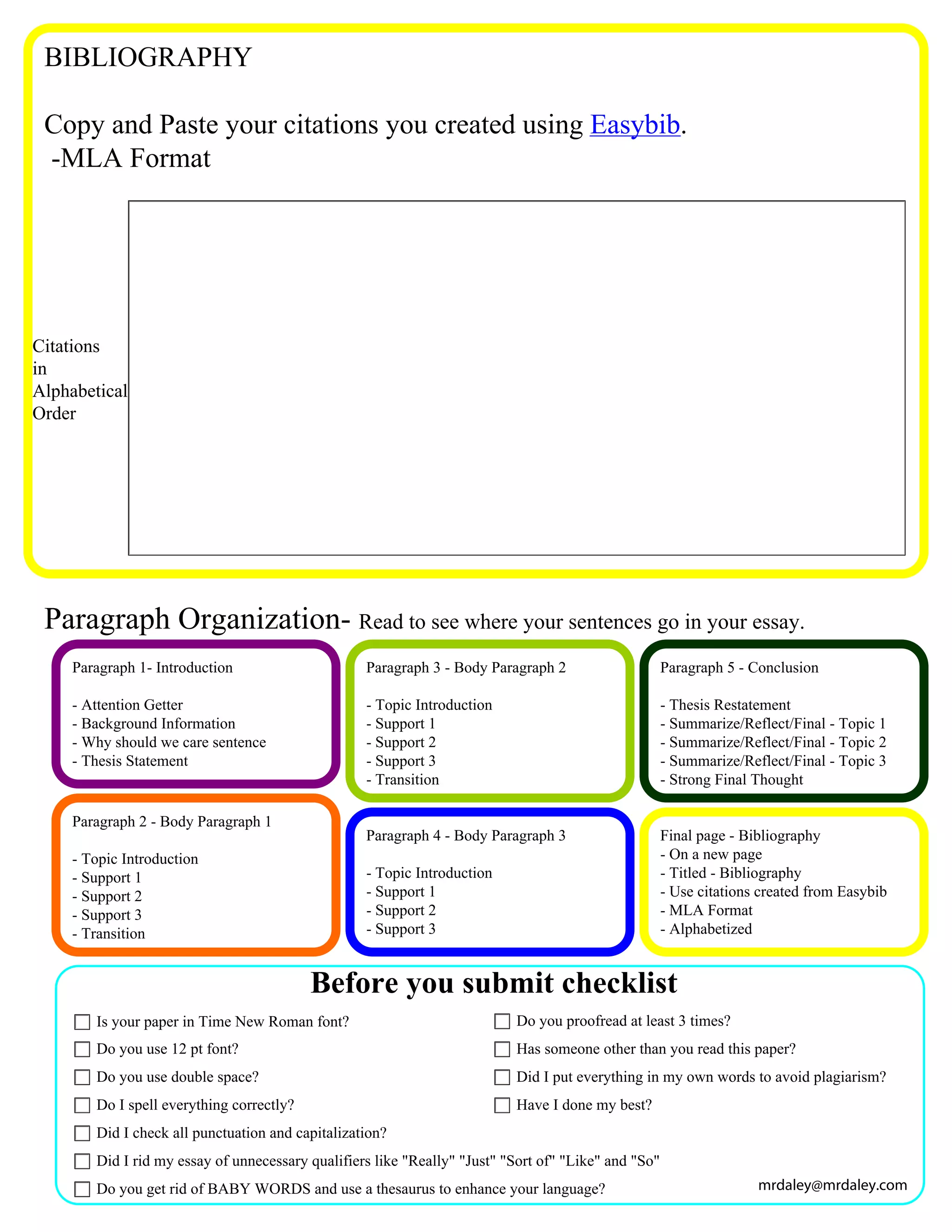 BIBLIOGRAPHY

 Copy and Paste your citations you created using Easybib.
 -MLA Format




Citations
in
Alphabetical
Order




 Paragraph Organization- Read to see where your sentences go in your essay.
     Paragraph 1- Introduction                     Paragraph 3 - Body Paragraph 2                     Paragraph 5 - Conclusion

     - Attention Getter                            - Topic Introduction                               - Thesis Restatement
     - Background Information                      - Support 1                                        - Summarize/Reflect/Final - Topic 1
     - Why should we care sentence                 - Support 2                                        - Summarize/Reflect/Final - Topic 2
     - Thesis Statement                            - Support 3                                        - Summarize/Reflect/Final - Topic 3
                                                   - Transition                                       - Strong Final Thought

     Paragraph 2 - Body Paragraph 1
                                                   Paragraph 4 - Body Paragraph 3                     Final page - Bibliography
     - Topic Introduction                                                                             - On a new page
     - Support 1                                   - Topic Introduction                               - Titled - Bibliography
     - Support 2                                   - Support 1                                        - Use citations created from Easybib
     - Support 3                                   - Support 2                                        - MLA Format
     - Transition                                  - Support 3                                        - Alphabetized


                                           Before you submit checklist
        Is your paper in Time New Roman font?                              Do you proofread at least 3 times?
        Do you use 12 pt font?                                             Has someone other than you read this paper?
        Do you use double space?                                           Did I put everything in my own words to avoid plagiarism?
        Do I spell everything correctly?                                   Have I done my best?
        Did I check all punctuation and capitalization?
        Did I rid my essay of unnecessary qualifiers like "Really" "Just" "Sort of" "Like" and "So"
        Do you get rid of BABY WORDS and use a thesaurus to enhance your language?                                   mrdaley@mrdaley.com
 