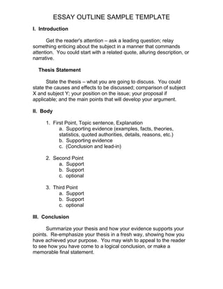 ESSAY OUTLINE SAMPLE TEMPLATE
I. Introduction
Get the reader's attention – ask a leading question; relay
something enticing about the subject in a manner that commands
attention. You could start with a related quote, alluring description, or
narrative.
Thesis Statement
State the thesis – what you are going to discuss. You could
state the causes and effects to be discussed; comparison of subject
X and subject Y; your position on the issue; your proposal if
applicable; and the main points that will develop your argument.
II. Body
1. First Point, Topic sentence, Explanation
a. Supporting evidence (examples, facts, theories,
statistics, quoted authorities, details, reasons, etc.)
b. Supporting evidence
c. (Conclusion and lead-in)
2. Second Point
a. Support
b. Support
c. optional
3. Third Point
a. Support
b. Support
c. optional
III. Conclusion
Summarize your thesis and how your evidence supports your
points. Re-emphasize your thesis in a fresh way, showing how you
have achieved your purpose. You may wish to appeal to the reader
to see how you have come to a logical conclusion, or make a
memorable final statement.
 