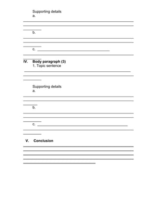 Supporting details
a.
_______________________________________________________
_______________________________________________________
_________
b.
_______________________________________________________
_______________________________________________________
_________
c. ____________________________________
_______________________________________________________
_________
IV. Body paragraph (3)
1. Topic sentence
_____________________________________________________
_______________________________________________________
_________
Supporting details
a.
_______________________________________________________
_______________________________________________________
_______
b.
_______________________________________________________
_______________________________________________________
_________
c. _____________________________________________
_______________________________________________________
_________
V. Conclusion
_______________________________________________________
_______________________________________________________
_______________________________________________________
_______________________________________________________
____________________________________
 