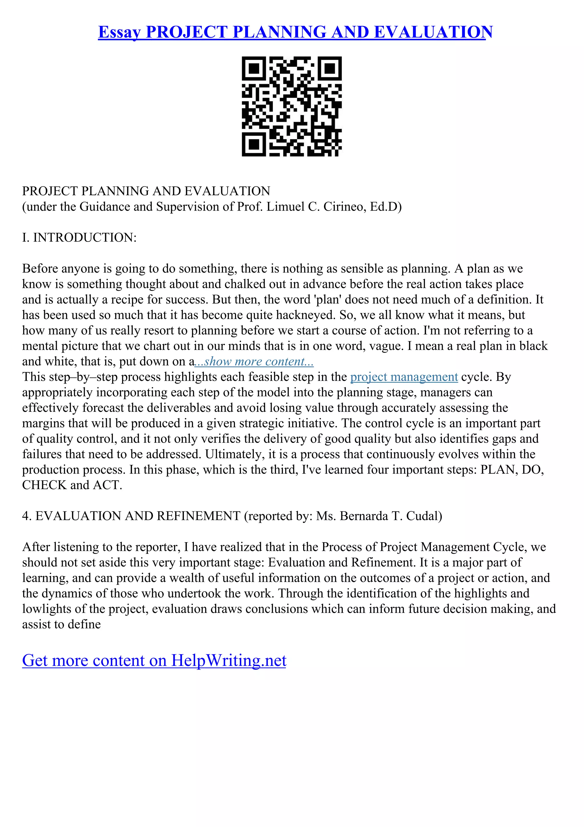 Project Planning And Evaluation