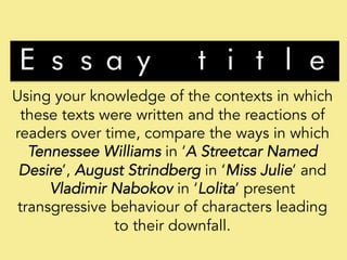Essay title
Using your knowledge of the contexts in which
these texts were written and the reactions of
readers over time, compare the ways in which
Tennessee Williams in ‘A Streetcar Named
Desire’, August Strindberg in ‘Miss Julie’ and
Vladimir Nabokov in ‘Lolita’ present
transgressive behaviour of characters leading
to their downfall.
 