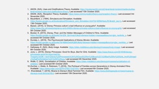 1. ANON. (N/A). Uses and Gratifications Theory. Available: https://revisionworld.com/a2-level-level-revision/media-studies-
level-revision/uses-and-gratifications-theory. Last accessed 13th October 2020.
2. ANON. (N/A). Reception Theory. Available: https://www.communicationtheory.org/reception-theory/. Last accessed 3rd
November 2020.
3. Baudrillard, J. (1994). Simulacra and Simulation. Available:
https://books.google.co.uk/books/about/Simulacra_and_Simulation.html?id=9Z9biHaoLZIC&redir_esc=y. Last accessed
13th October 2020.
4. Bazian. (2016). Is 'Disney Princess culture' a bad influence on young girls?. Available:
https://www.nhs.uk/news/pregnancy-and-child/is-disney-princess-culture-a-bad-influence-on-young-girls/. Last accessed
5th October 2020.
5. Booker, K. (2010). Disney, Pixar, and the Hidden Messages of Children's Films. Available:
https://books.google.co.uk/books?id=jD9_0jxVmqUC&dq=disneys+hidden+message&source=gbs_navlinks_s. Last
accessed 5th October 2020.
6. Dundes, L. (2019). The Psychosocial Implications of Disney Movies. Available:
https://books.google.co.uk/books?id=88ehDwAAQBAJ&dq=disneys+hidden+message&source=gbs_navlinks_s. Last
accessed 5th October 2020.
7. Hatheway, E. (N/A). Body Image. Available: https://sites.middlebury.edu/disneyprincesses/body-image/. Last accessed
6th October 2020.
8. June, L. (2016). Disney Princesses: Good for Boys, Bad for Girls. Available: https://www.thecut.com/2016/06/disney-
princesses-good-for-boys-bad-for-
Thisgirls.html#:~:text=Disney%20Princesses%3A%20Good%20for%20Boys%2C%20Bad%20for%20Girls.,And%20nearl
y%20all%20children%2C%20it%20sug. Last accessed 4th December 2020.
9. Wolfe, C. (N/A). Socialization of Children. Available: https://sites.middlebury.edu/disneyprincesses/socialization-of-
children/. Last accessed 6th October 2020.
10.Zurcher, J, Webb, S, Robinson, T. (2018). The Portrayal of Families across Generations in Disney Animated Films.
Available: https://www.mdpi.com/2076-0760/7/3/47/htm. Last accessed 6th October 2020.
11. Khandelwal, T. (2016). Moana Is Disney’s Most Feminist Film. Available: https://www.shethepeople.tv/news/moana-is-
disneys-most-feminist-film/. Last accessed 10th December 2020.
 