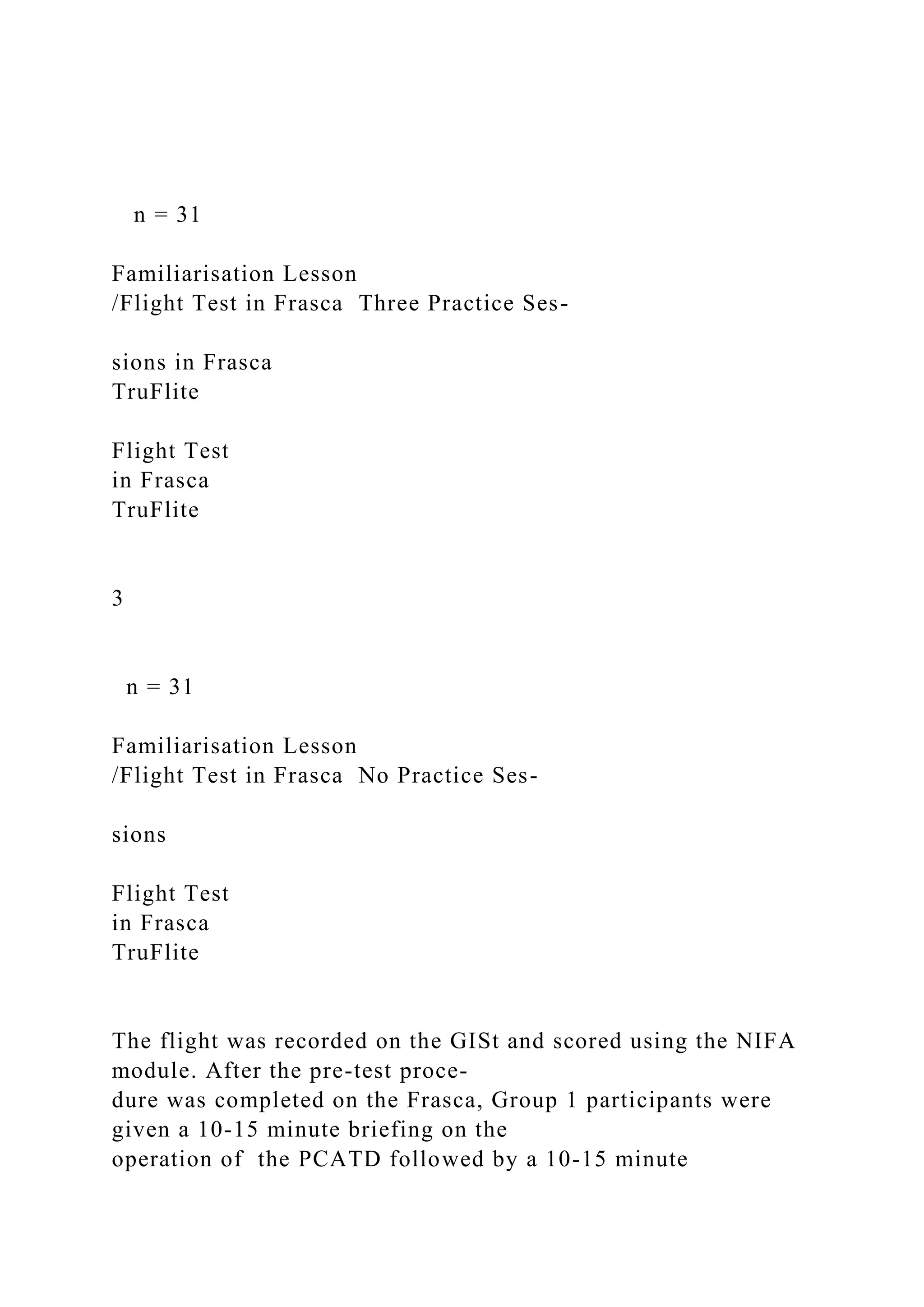 n = 31
Familiarisation Lesson
/Flight Test in Frasca Three Practice Ses-
sions in Frasca
TruFlite
Flight Test
in Frasca
TruFlite
3
n = 31
Familiarisation Lesson
/Flight Test in Frasca No Practice Ses-
sions
Flight Test
in Frasca
TruFlite
The flight was recorded on the GISt and scored using the NIFA
module. After the pre-test proce-
dure was completed on the Frasca, Group 1 participants were
given a 10-15 minute briefing on the
operation of the PCATD followed by a 10-15 minute
 