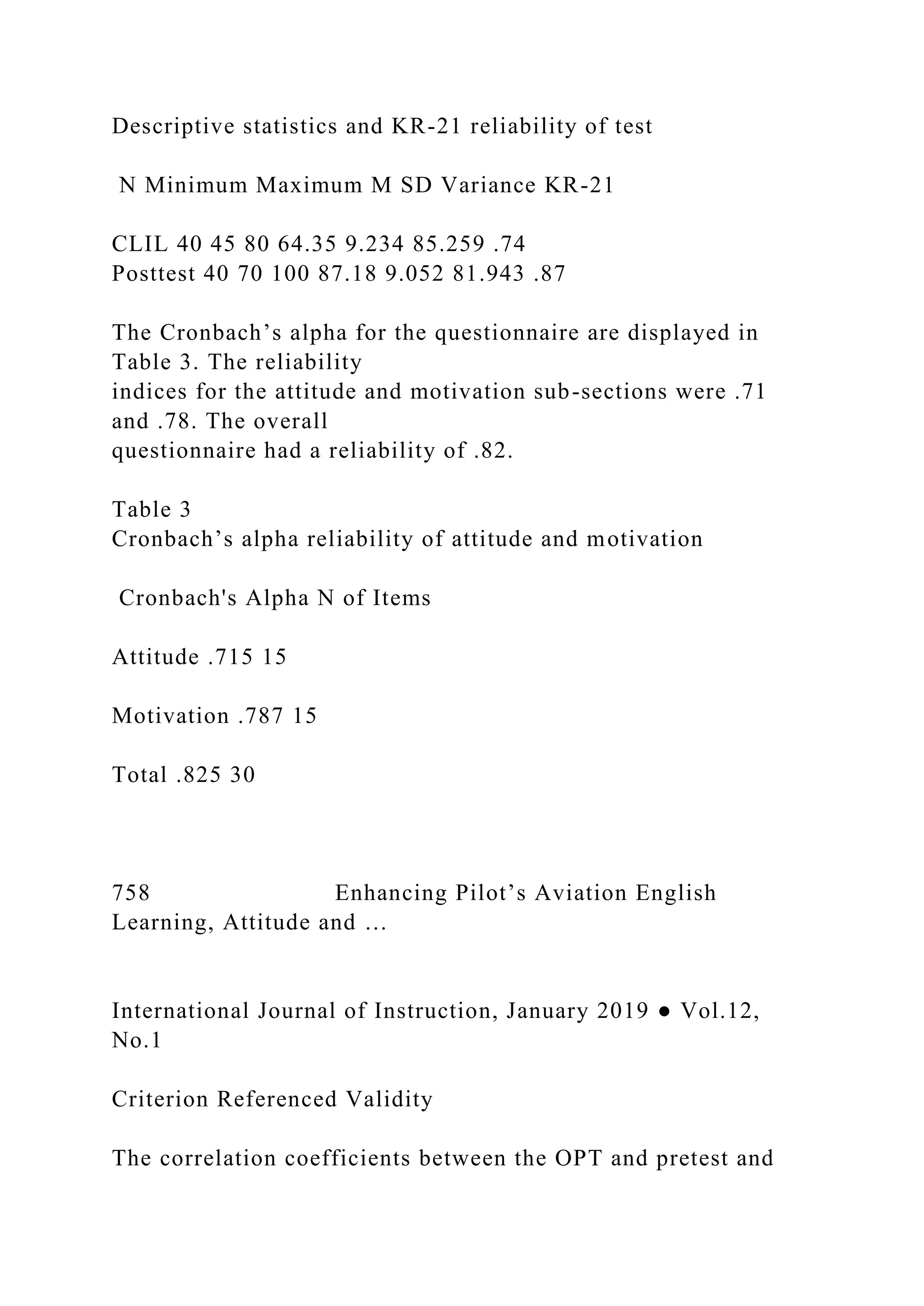 Descriptive statistics and KR-21 reliability of test
N Minimum Maximum M SD Variance KR-21
CLIL 40 45 80 64.35 9.234 85.259 .74
Posttest 40 70 100 87.18 9.052 81.943 .87
The Cronbach’s alpha for the questionnaire are displayed in
Table 3. The reliability
indices for the attitude and motivation sub-sections were .71
and .78. The overall
questionnaire had a reliability of .82.
Table 3
Cronbach’s alpha reliability of attitude and motivation
Cronbach's Alpha N of Items
Attitude .715 15
Motivation .787 15
Total .825 30
758 Enhancing Pilot’s Aviation English
Learning, Attitude and …
International Journal of Instruction, January 2019 ● Vol.12,
No.1
Criterion Referenced Validity
The correlation coefficients between the OPT and pretest and
 