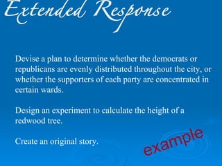 Extended Response


 Devise a plan to determine whether the democrats or
 republicans are evenly distributed throughout the city, or
 whether the supporters of each party are concentrated in
 certain wards.

 Design an experiment to calculate the height of a
 redwood tree.


                                            am ple
                                       ex
 Create an original story.
 