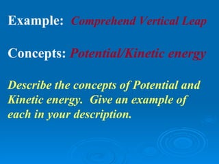 Example: Comprehend Vertical Leap

Concepts: Potential/Kinetic energy

Describe the concepts of Potential and
Kinetic energy. Give an example of
each in your description.
 