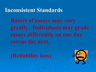 Inconsistent Standards
  Raters of essays may vary
  greatly. Individuals may grade
  essays differently on one day
  versus the next.

  (Reliability loss)
 