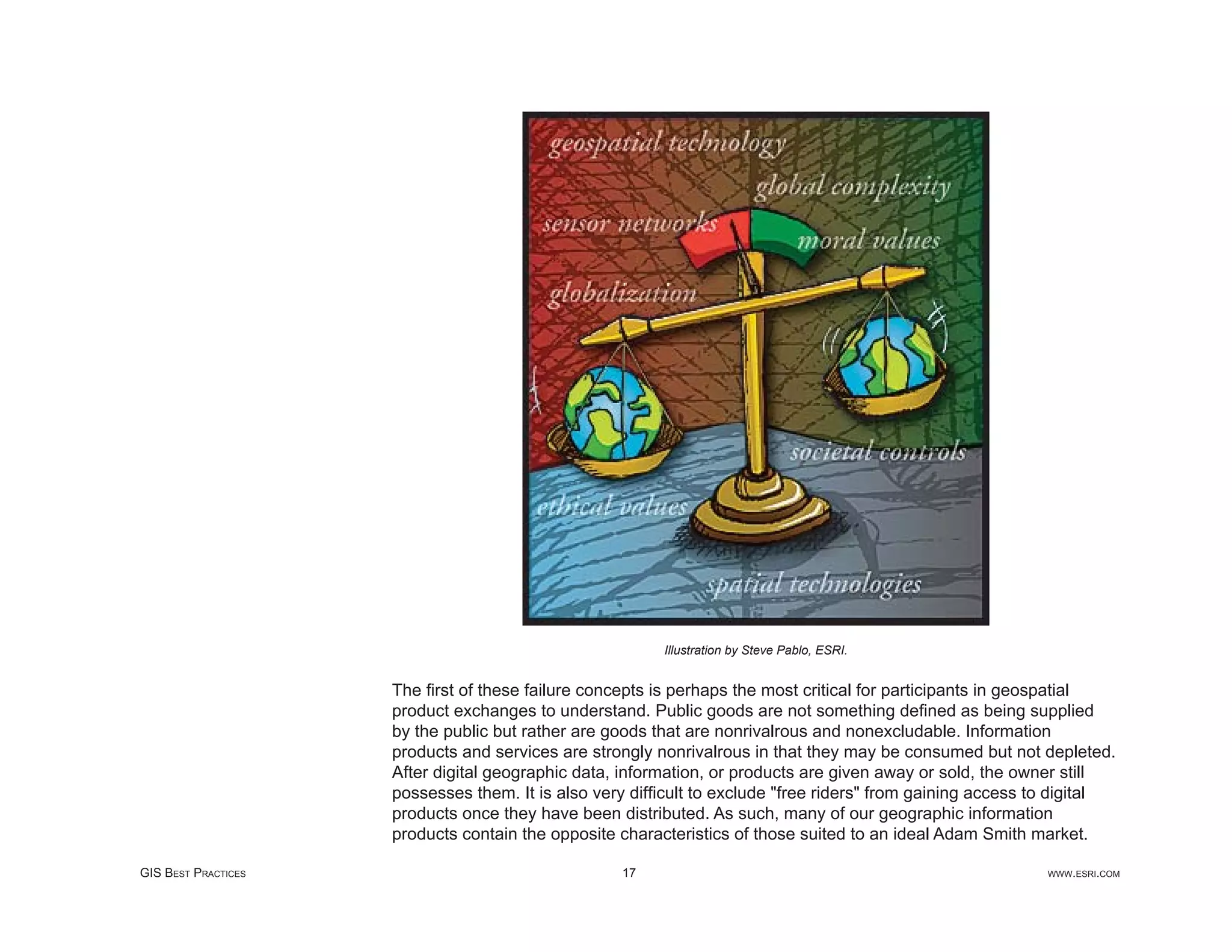Illustration by Steve Pablo, ESRI.


                     The ﬁrst of these failure concepts is perhaps the most critical for participants in geospatial
                     product exchanges to understand. Public goods are not something deﬁned as being supplied
                     by the public but rather are goods that are nonrivalrous and nonexcludable. Information
                     products and services are strongly nonrivalrous in that they may be consumed but not depleted.
                     After digital geographic data, information, or products are given away or sold, the owner still
                     possesses them. It is also very difﬁcult to exclude "free riders" from gaining access to digital
                     products once they have been distributed. As such, many of our geographic information
                     products contain the opposite characteristics of those suited to an ideal Adam Smith market.

GIS BEST PRACTICES                                 17                                                      WWW.ESRI.COM
 
