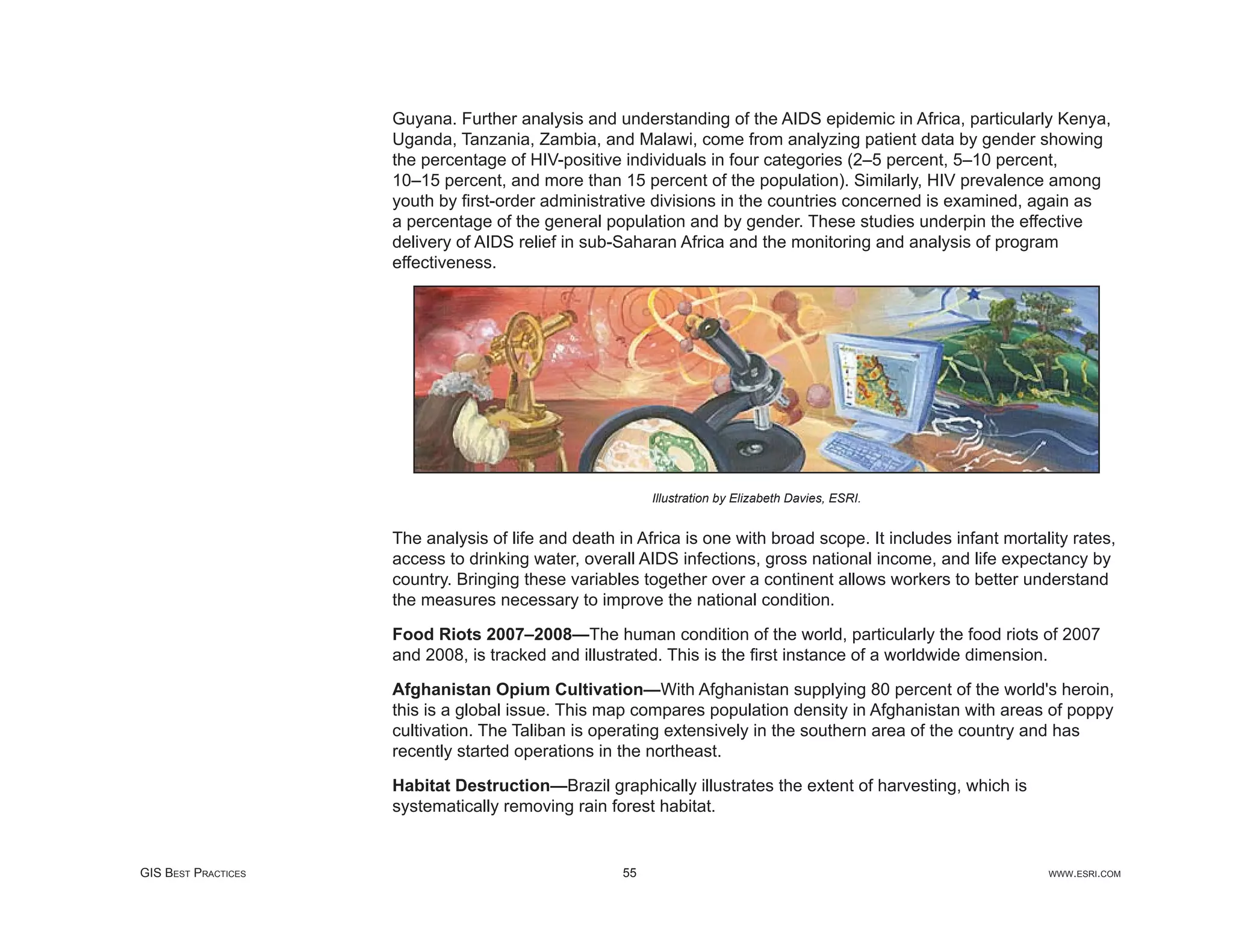 Guyana. Further analysis and understanding of the AIDS epidemic in Africa, particularly Kenya,
                     Uganda, Tanzania, Zambia, and Malawi, come from analyzing patient data by gender showing
                     the percentage of HIV-positive individuals in four categories (2–5 percent, 5–10 percent,
                     10–15 percent, and more than 15 percent of the population). Similarly, HIV prevalence among
                     youth by ﬁrst-order administrative divisions in the countries concerned is examined, again as
                     a percentage of the general population and by gender. These studies underpin the effective
                     delivery of AIDS relief in sub-Saharan Africa and the monitoring and analysis of program
                     effectiveness.




                                                          Illustration by Elizabeth Davies, ESRI.


                     The analysis of life and death in Africa is one with broad scope. It includes infant mortality rates,
                     access to drinking water, overall AIDS infections, gross national income, and life expectancy by
                     country. Bringing these variables together over a continent allows workers to better understand
                     the measures necessary to improve the national condition.

                     Food Riots 2007–2008—The human condition of the world, particularly the food riots of 2007
                     and 2008, is tracked and illustrated. This is the ﬁrst instance of a worldwide dimension.

                     Afghanistan Opium Cultivation—With Afghanistan supplying 80 percent of the world's heroin,
                     this is a global issue. This map compares population density in Afghanistan with areas of poppy
                     cultivation. The Taliban is operating extensively in the southern area of the country and has
                     recently started operations in the northeast.

                     Habitat Destruction—Brazil graphically illustrates the extent of harvesting, which is
                     systematically removing rain forest habitat.


GIS BEST PRACTICES                                   55                                                         WWW.ESRI.COM
 
