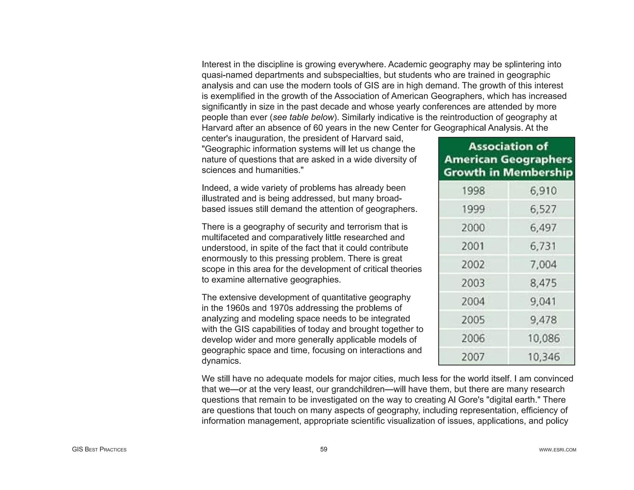 Interest in the discipline is growing everywhere. Academic geography may be splintering into
                     quasi-named departments and subspecialties, but students who are trained in geographic
                     analysis and can use the modern tools of GIS are in high demand. The growth of this interest
                     is exempliﬁed in the growth of the Association of American Geographers, which has increased
                     signiﬁcantly in size in the past decade and whose yearly conferences are attended by more
                     people than ever (see table below). Similarly indicative is the reintroduction of geography at
                     Harvard after an absence of 60 years in the new Center for Geographical Analysis. At the
                     center's inauguration, the president of Harvard said,
                     "Geographic information systems will let us change the
                     nature of questions that are asked in a wide diversity of
                     sciences and humanities."

                     Indeed, a wide variety of problems has already been
                     illustrated and is being addressed, but many broad-
                     based issues still demand the attention of geographers.

                     There is a geography of security and terrorism that is
                     multifaceted and comparatively little researched and
                     understood, in spite of the fact that it could contribute
                     enormously to this pressing problem. There is great
                     scope in this area for the development of critical theories
                     to examine alternative geographies.

                     The extensive development of quantitative geography
                     in the 1960s and 1970s addressing the problems of
                     analyzing and modeling space needs to be integrated
                     with the GIS capabilities of today and brought together to
                     develop wider and more generally applicable models of
                     geographic space and time, focusing on interactions and
                     dynamics.

                     We still have no adequate models for major cities, much less for the world itself. I am convinced
                     that we—or at the very least, our grandchildren—will have them, but there are many research
                     questions that remain to be investigated on the way to creating Al Gore's "digital earth." There
                     are questions that touch on many aspects of geography, including representation, efﬁciency of
                     information management, appropriate scientiﬁc visualization of issues, applications, and policy


GIS BEST PRACTICES                                  59                                                       WWW.ESRI.COM
 
