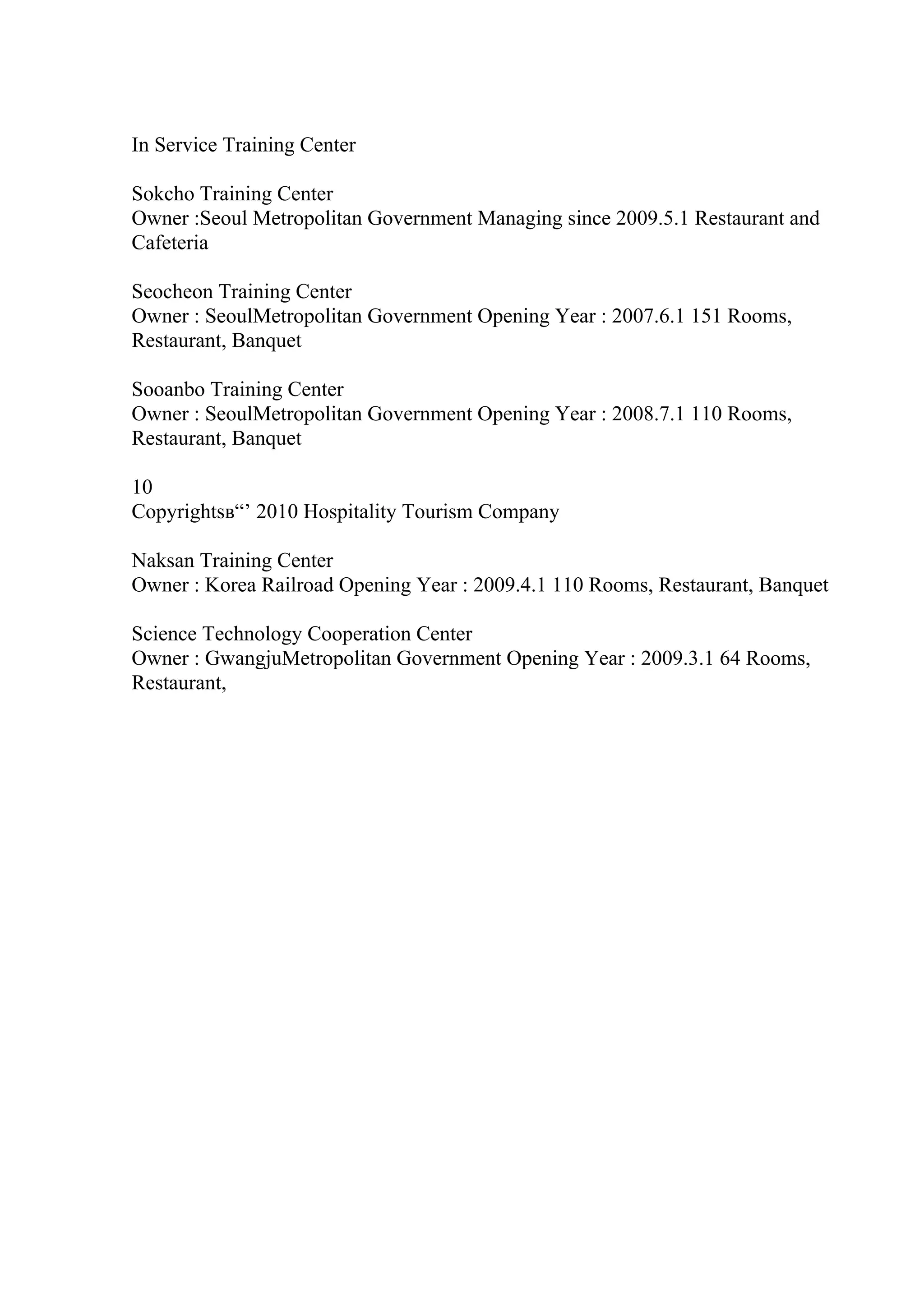 In Service Training Center
Sokcho Training Center
Owner :Seoul Metropolitan Government Managing since 2009.5.1 Restaurant and
Cafeteria
Seocheon Training Center
Owner : SeoulMetropolitan Government Opening Year : 2007.6.1 151 Rooms,
Restaurant, Banquet
Sooanbo Training Center
Owner : SeoulMetropolitan Government Opening Year : 2008.7.1 110 Rooms,
Restaurant, Banquet
10
Copyrightsв“’ 2010 Hospitality Tourism Company
Naksan Training Center
Owner : Korea Railroad Opening Year : 2009.4.1 110 Rooms, Restaurant, Banquet
Science Technology Cooperation Center
Owner : GwangjuMetropolitan Government Opening Year : 2009.3.1 64 Rooms,
Restaurant,
 