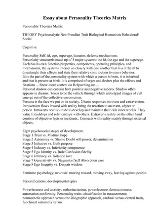 Essay about Personality Theories Matrix
Personality Theories Matrix
THEORY Psychoanalytic Neo Freudian Trait Biological Humanistic Behavioral/
Social
Cognitive
Personality Self: id, ego, superego, thanatos; defense mechanisms.
Personlaity structureis made up of 3 major systems: the id, the ego and the superego.
Each has its own function properties, components, operating principles, and
mechanisms, the systems interact so closely with one another that it is difficult to
disentangle their effects and state their relative contribution to man s behavior.
Id is the part of the personality system with which a person is born, it is inherited
and that is present at birth. It is comprised of urges and desires plus the effects and
fixations ... Show more content on Helpwriting.net ...
Personal shadow can contain both positive and negative aspects. Shadow often
appears in dreams. Tends to be the vehicle through which archetypal images of evil
emerge out of the collective unconscious.
Persona is the face we put on in society. 2 basic responses introvert and extraversion.
Introversion flows inward with reality being the reaction to an event, object or
person. Introverts need solitude to develop and maintain their rich inner worlds. They
value friendships and relationships with others. Extraverts reality on the other hand
consists of objective facts or incidents.. Connects with reality mainly through external
objects.
Eight psychosocial stages of development.
Stage 1 Trust vs. Mistrust hope
Stage 2 Autonomy vs. Shame Doubt will power, determination
Stage 3 Initiative vs. Guilt purpose
Stage 4 Industry vs. Inferiority competence
Stage 5 Ego Identity vs. Role Confusion fidelity
Stage 6 Intimacy vs. Isolation love
Stage 7 Generativity vs. Stagnaiton/Self Absorption care
Stage 8 Ego Integrity vs. Despair wisdom
Feminine psychology; neurosis: moving toward, moving away, leaving against people.
Personifications; developmental epics
Powerlessness and anxiety; authoritarianism, powerlessness destructiveness;
automation conformity. Personality traits: classification in measurement;
nonmothetic approach versus the idiographic approach, cardinal versus central traits,
functional autonomy versus
 