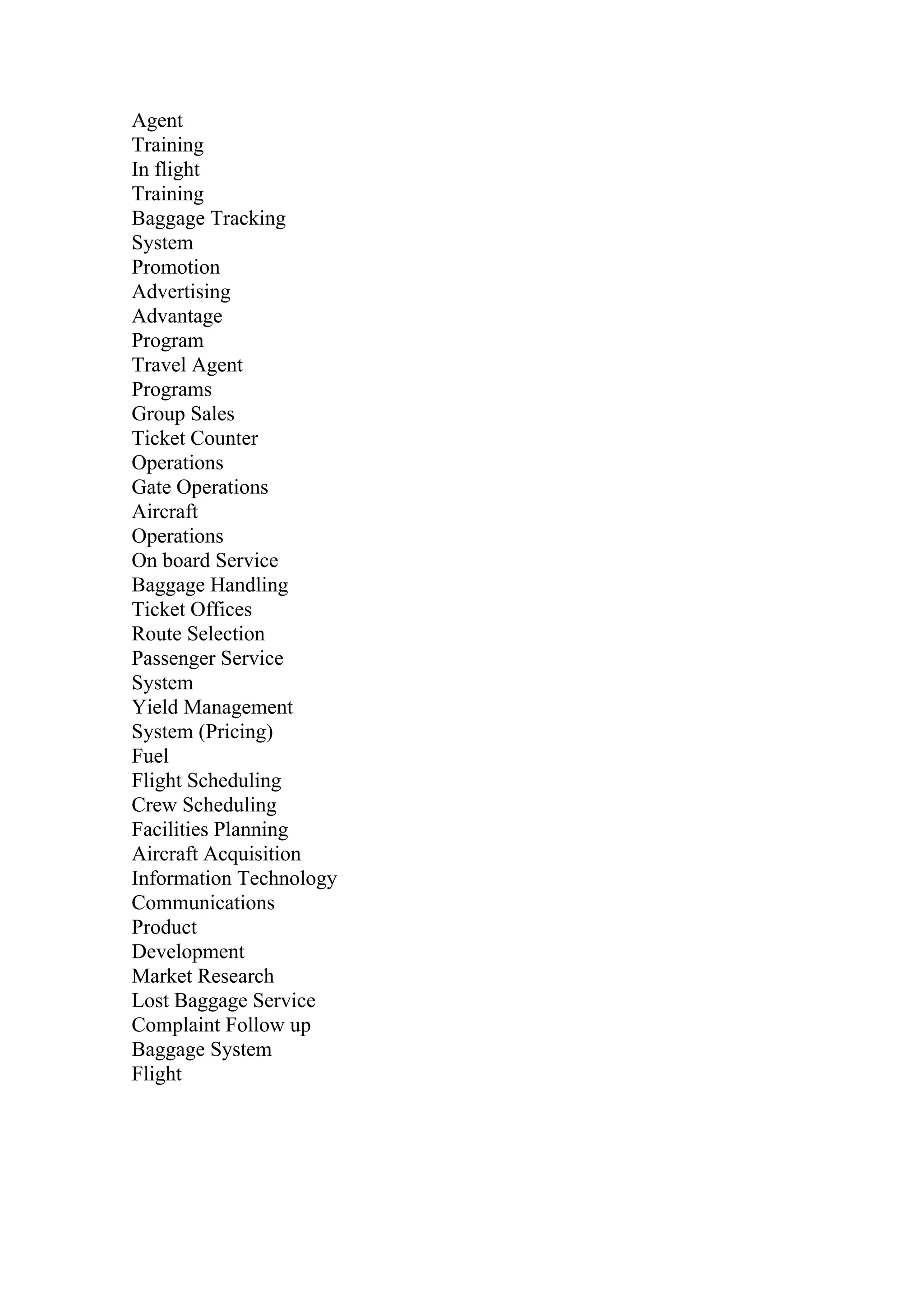 Agent
Training
In flight
Training
Baggage Tracking
System
Promotion
Advertising
Advantage
Program
Travel Agent
Programs
Group Sales
Ticket Counter
Operations
Gate Operations
Aircraft
Operations
On board Service
Baggage Handling
Ticket Offices
Route Selection
Passenger Service
System
Yield Management
System (Pricing)
Fuel
Flight Scheduling
Crew Scheduling
Facilities Planning
Aircraft Acquisition
Information Technology
Communications
Product
Development
Market Research
Lost Baggage Service
Complaint Follow up
Baggage System
Flight
 