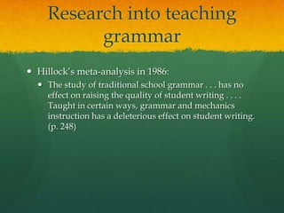 Research into teaching grammarHillock’s meta-analysis in 1986:The study of traditional school grammar . . . has no effect on raising the quality of student writing . . . . Taught in certain ways, grammar and mechanics instruction has a deleterious effect on student writing. (p. 248)
