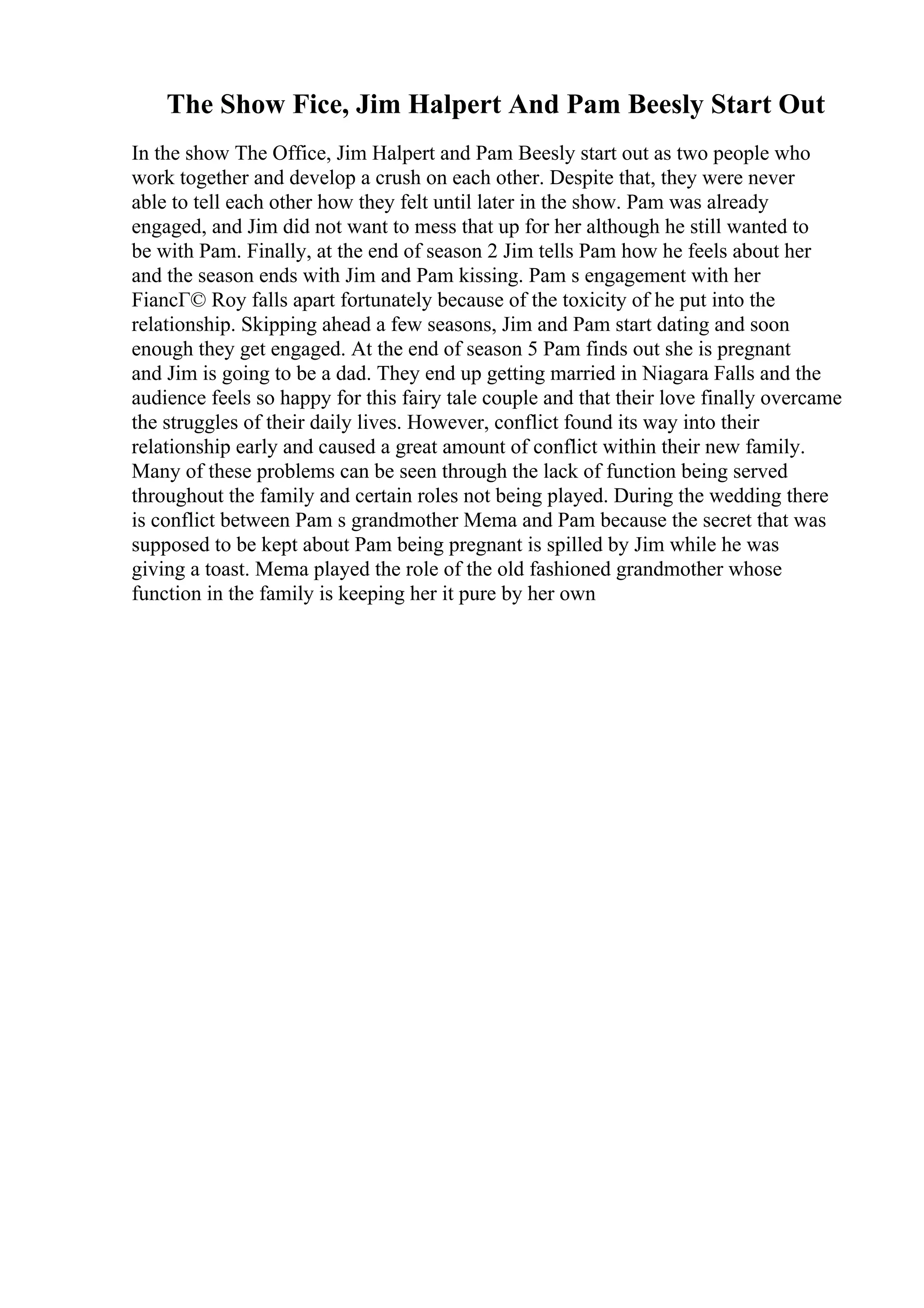 The Show Fice, Jim Halpert And Pam Beesly Start Out
In the show The Office, Jim Halpert and Pam Beesly start out as two people who
work together and develop a crush on each other. Despite that, they were never
able to tell each other how they felt until later in the show. Pam was already
engaged, and Jim did not want to mess that up for her although he still wanted to
be with Pam. Finally, at the end of season 2 Jim tells Pam how he feels about her
and the season ends with Jim and Pam kissing. Pam s engagement with her
FiancГ© Roy falls apart fortunately because of the toxicity of he put into the
relationship. Skipping ahead a few seasons, Jim and Pam start dating and soon
enough they get engaged. At the end of season 5 Pam finds out she is pregnant
and Jim is going to be a dad. They end up getting married in Niagara Falls and the
audience feels so happy for this fairy tale couple and that their love finally overcame
the struggles of their daily lives. However, conflict found its way into their
relationship early and caused a great amount of conflict within their new family.
Many of these problems can be seen through the lack of function being served
throughout the family and certain roles not being played. During the wedding there
is conflict between Pam s grandmother Mema and Pam because the secret that was
supposed to be kept about Pam being pregnant is spilled by Jim while he was
giving a toast. Mema played the role of the old fashioned grandmother whose
function in the family is keeping her it pure by her own
 