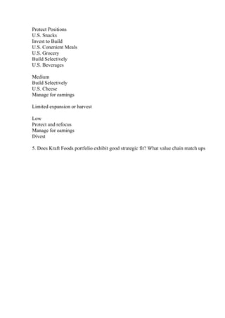 Protect Positions
U.S. Snacks
Invest to Build
U.S. Conenient Meals
U.S. Grocery
Build Selectively
U.S. Beverages
Medium
Build Selectively
U.S. Cheese
Manage for earnings
Limited expansion or harvest
Low
Protect and refocus
Manage for earnings
Divest
5. Does Kraft Foods portfolio exhibit good strategic fit? What value chain match ups
 