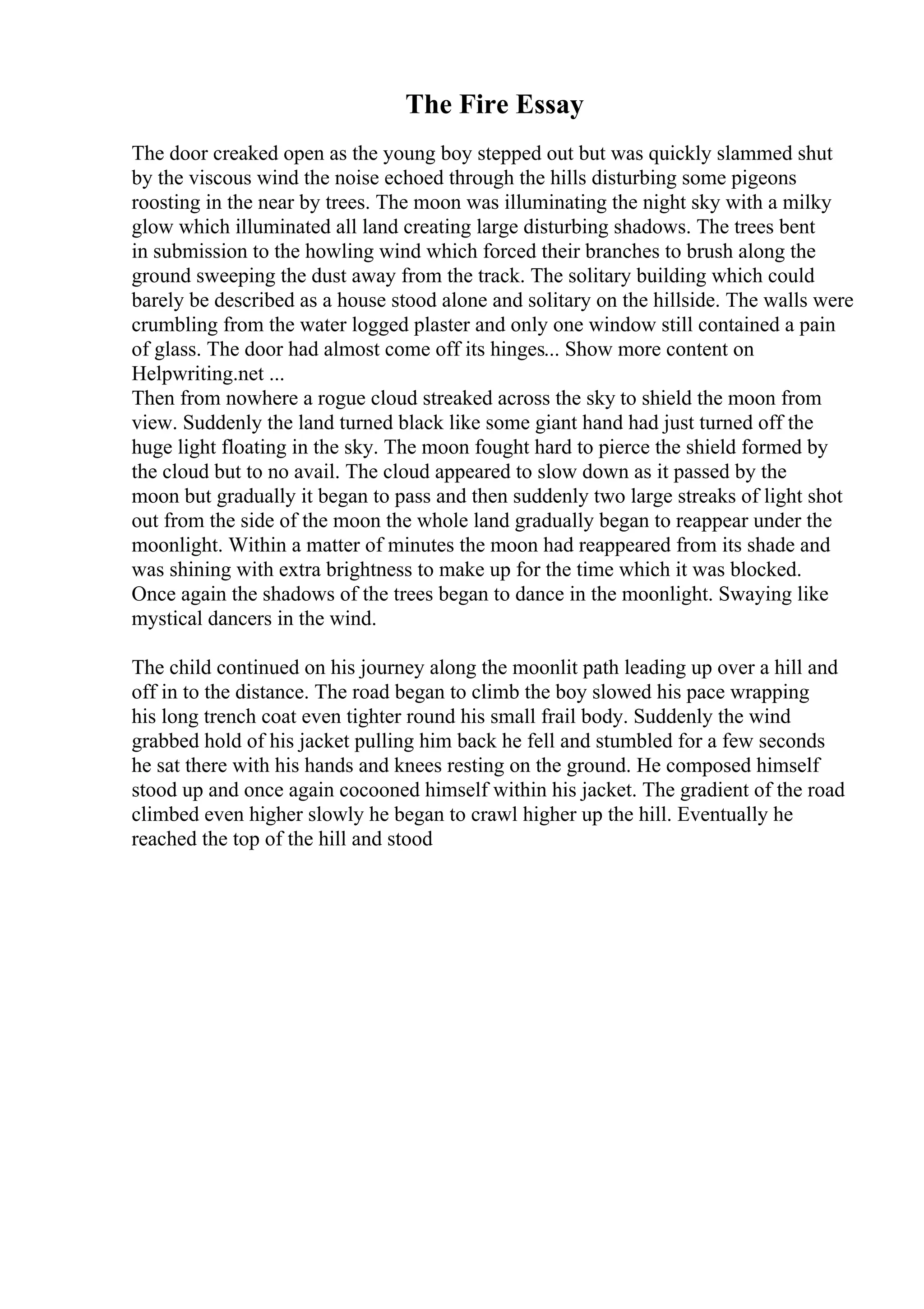 The Fire Essay
The door creaked open as the young boy stepped out but was quickly slammed shut
by the viscous wind the noise echoed through the hills disturbing some pigeons
roosting in the near by trees. The moon was illuminating the night sky with a milky
glow which illuminated all land creating large disturbing shadows. The trees bent
in submission to the howling wind which forced their branches to brush along the
ground sweeping the dust away from the track. The solitary building which could
barely be described as a house stood alone and solitary on the hillside. The walls were
crumbling from the water logged plaster and only one window still contained a pain
of glass. The door had almost come off its hinges... Show more content on
Helpwriting.net ...
Then from nowhere a rogue cloud streaked across the sky to shield the moon from
view. Suddenly the land turned black like some giant hand had just turned off the
huge light floating in the sky. The moon fought hard to pierce the shield formed by
the cloud but to no avail. The cloud appeared to slow down as it passed by the
moon but gradually it began to pass and then suddenly two large streaks of light shot
out from the side of the moon the whole land gradually began to reappear under the
moonlight. Within a matter of minutes the moon had reappeared from its shade and
was shining with extra brightness to make up for the time which it was blocked.
Once again the shadows of the trees began to dance in the moonlight. Swaying like
mystical dancers in the wind.
The child continued on his journey along the moonlit path leading up over a hill and
off in to the distance. The road began to climb the boy slowed his pace wrapping
his long trench coat even tighter round his small frail body. Suddenly the wind
grabbed hold of his jacket pulling him back he fell and stumbled for a few seconds
he sat there with his hands and knees resting on the ground. He composed himself
stood up and once again cocooned himself within his jacket. The gradient of the road
climbed even higher slowly he began to crawl higher up the hill. Eventually he
reached the top of the hill and stood
 